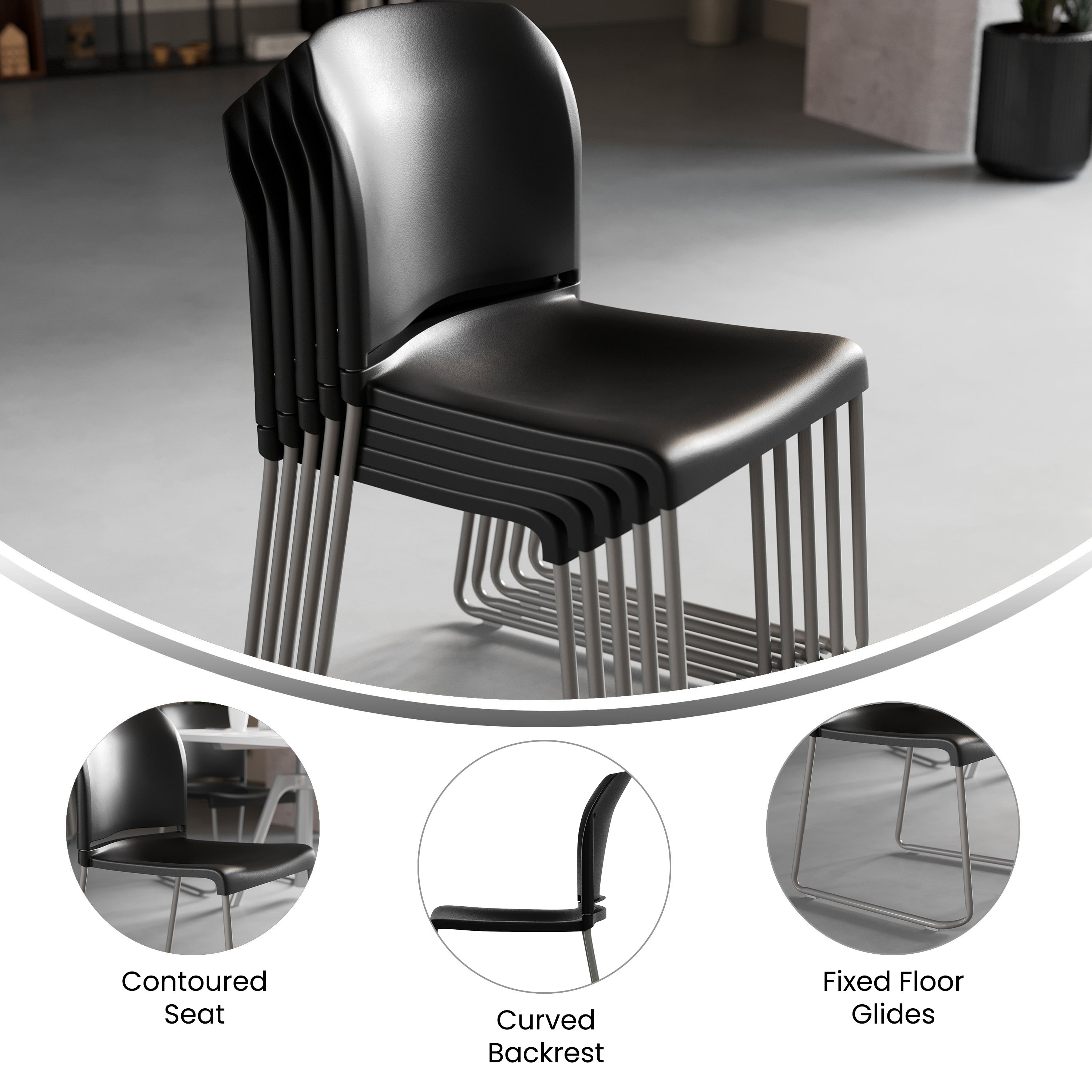 HERCULES Series 880 lb. Capacity Black Full Back Contoured Stack Chair with Gray Powder Coated Sled Base