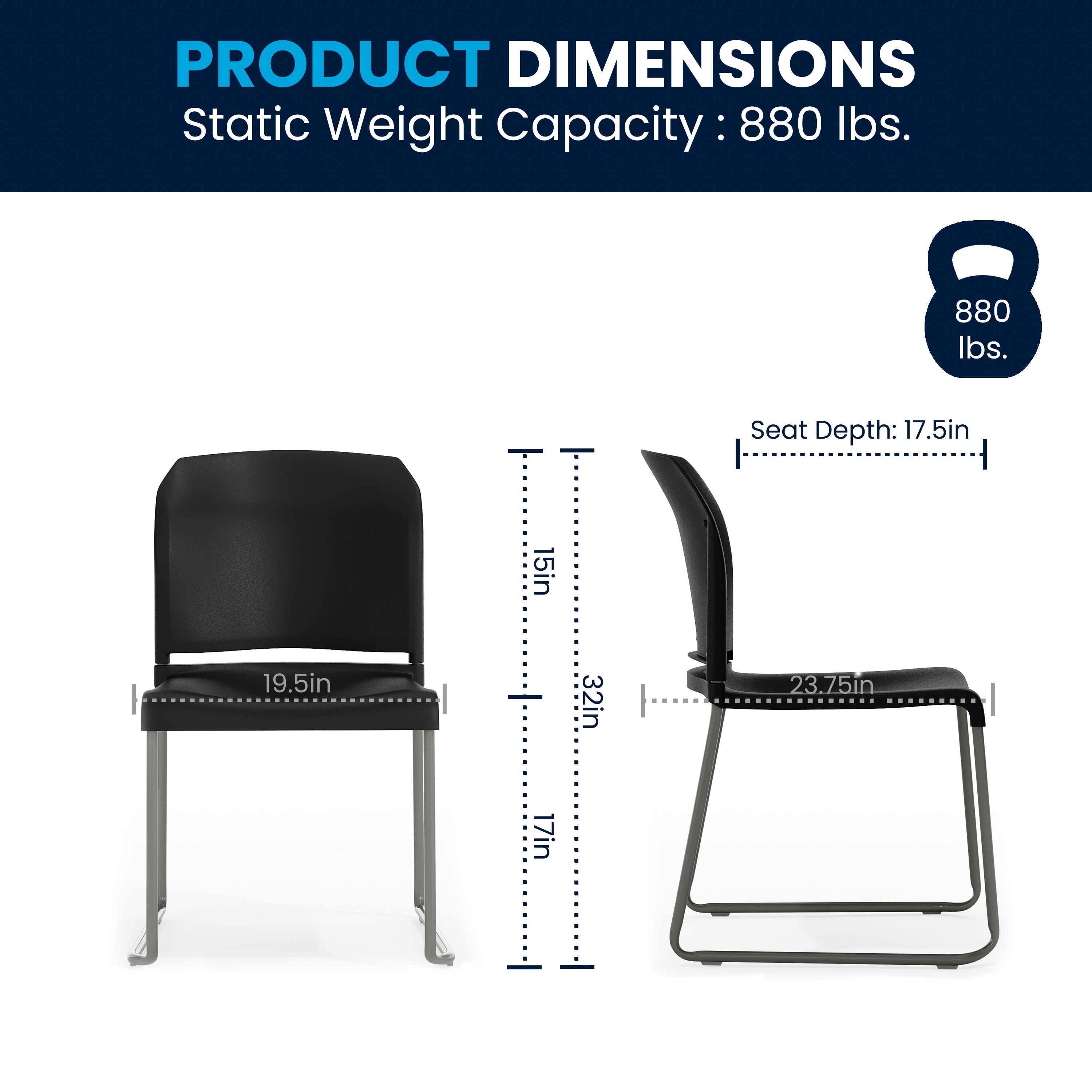 HERCULES Series 880 lb. Capacity Black Full Back Contoured Stack Chair with Gray Powder Coated Sled Base