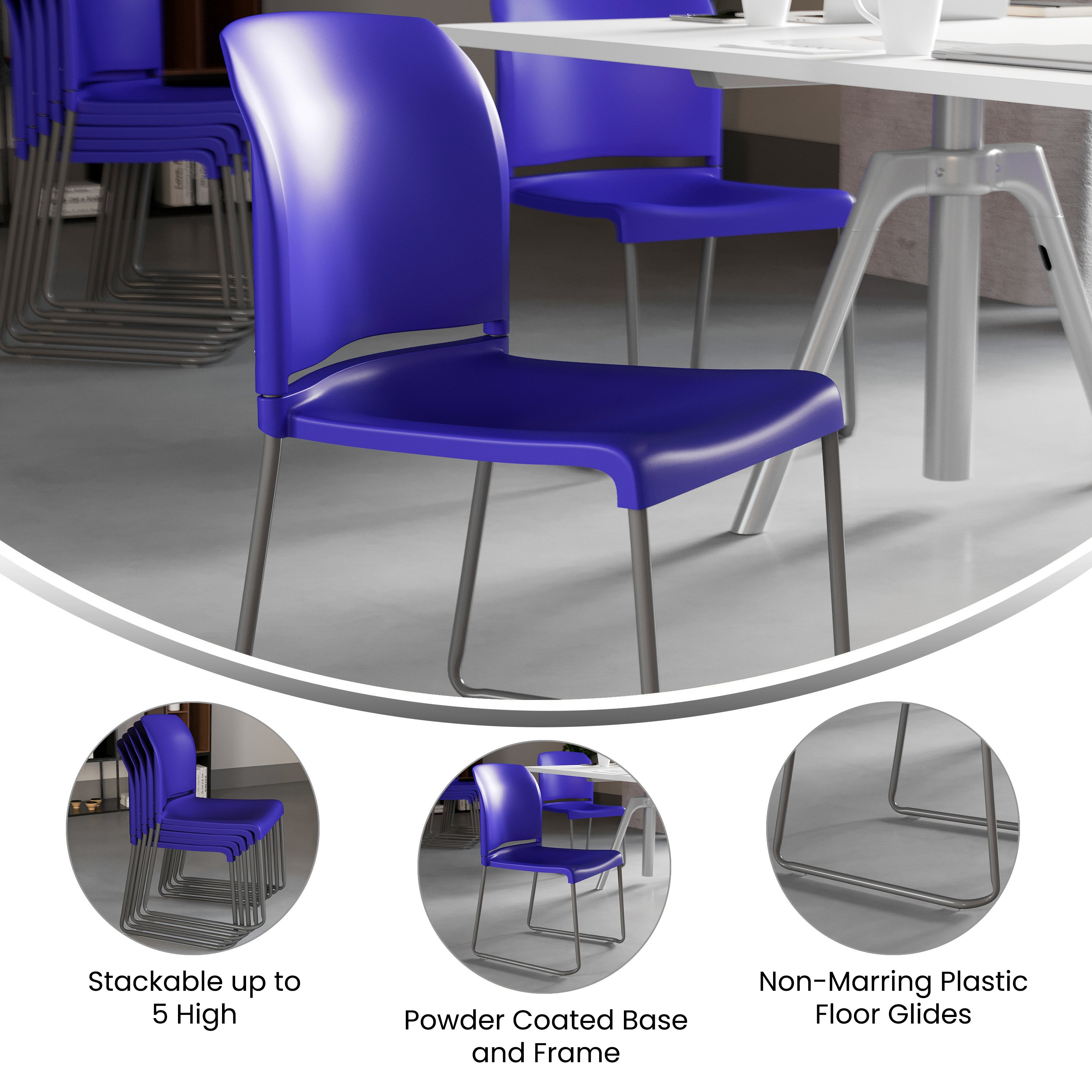 HERCULES Series 880 lb. Capacity Blue Full Back Contoured Stack Chair with Gray Powder Coated Sled Base