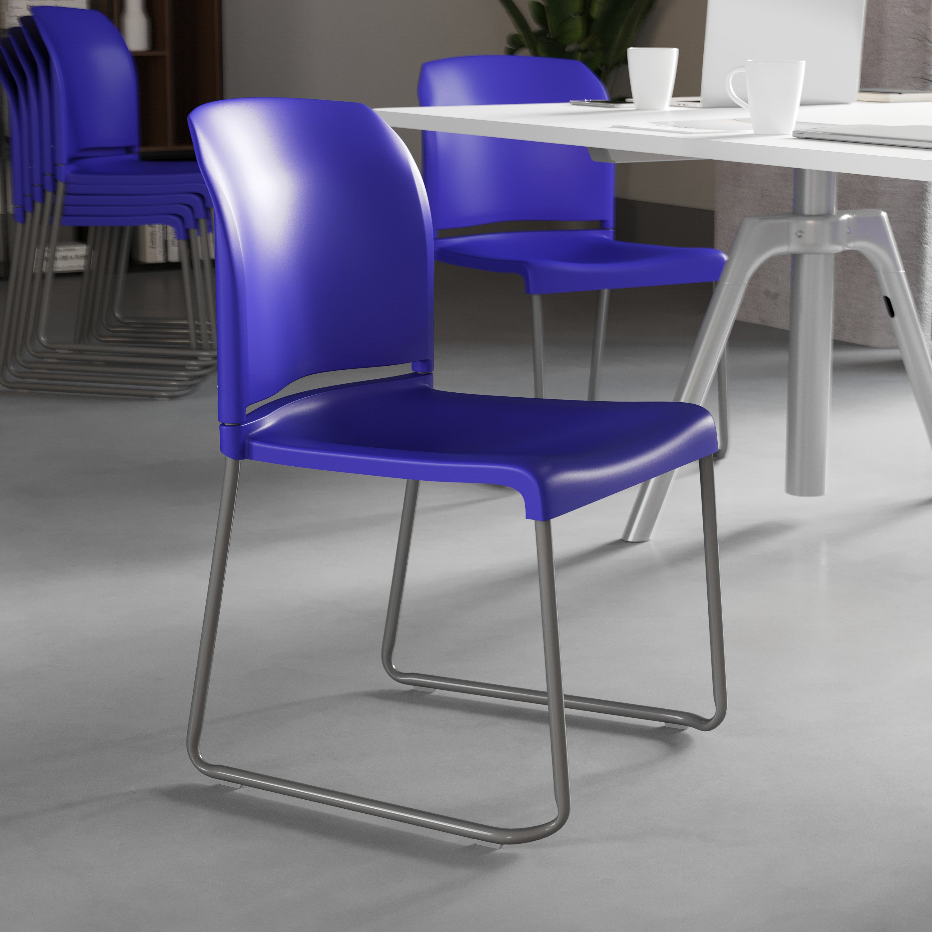 HERCULES Series 880 lb. Capacity Blue Full Back Contoured Stack Chair with Gray Powder Coated Sled Base