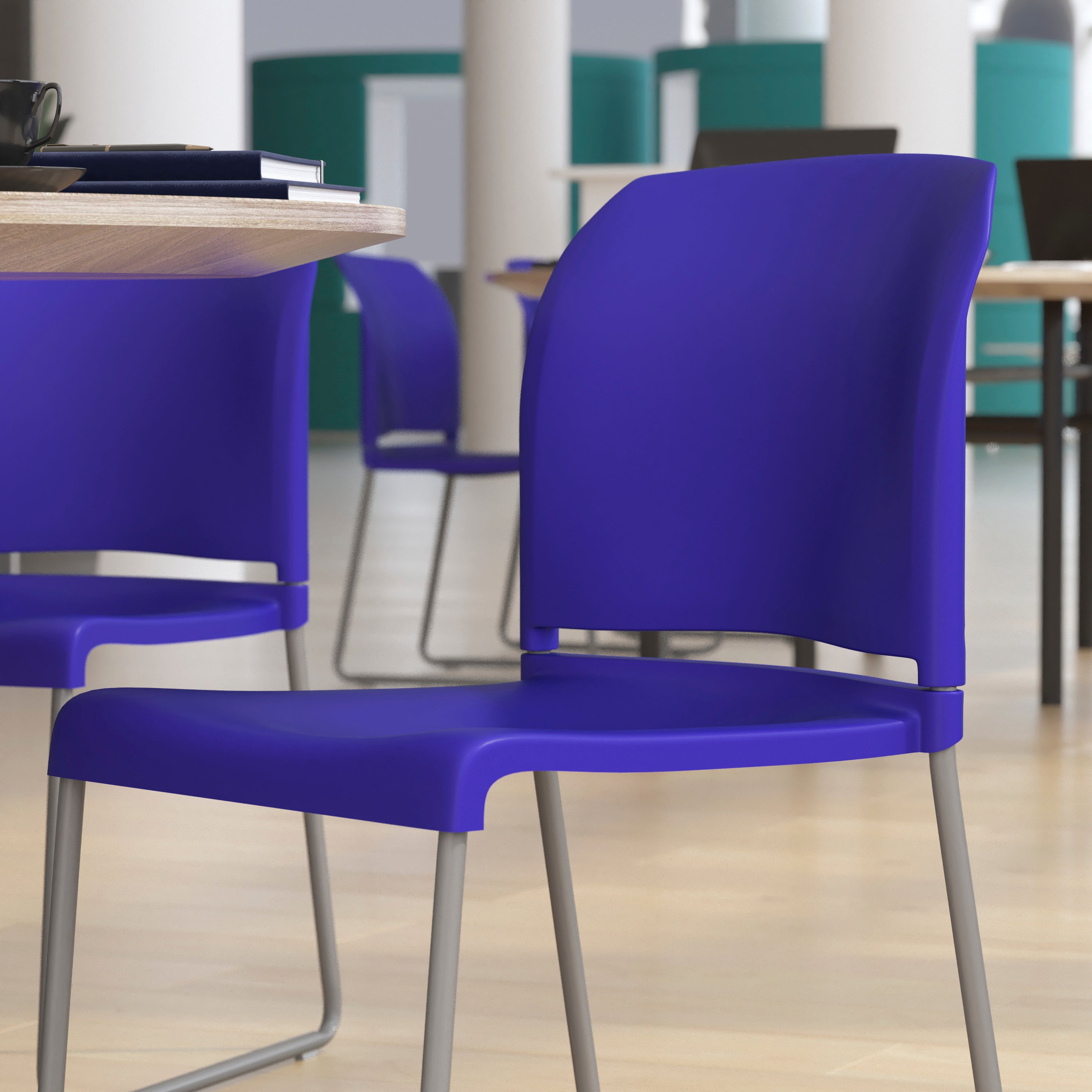 HERCULES Series 880 lb. Capacity Blue Full Back Contoured Stack Chair with Gray Powder Coated Sled Base