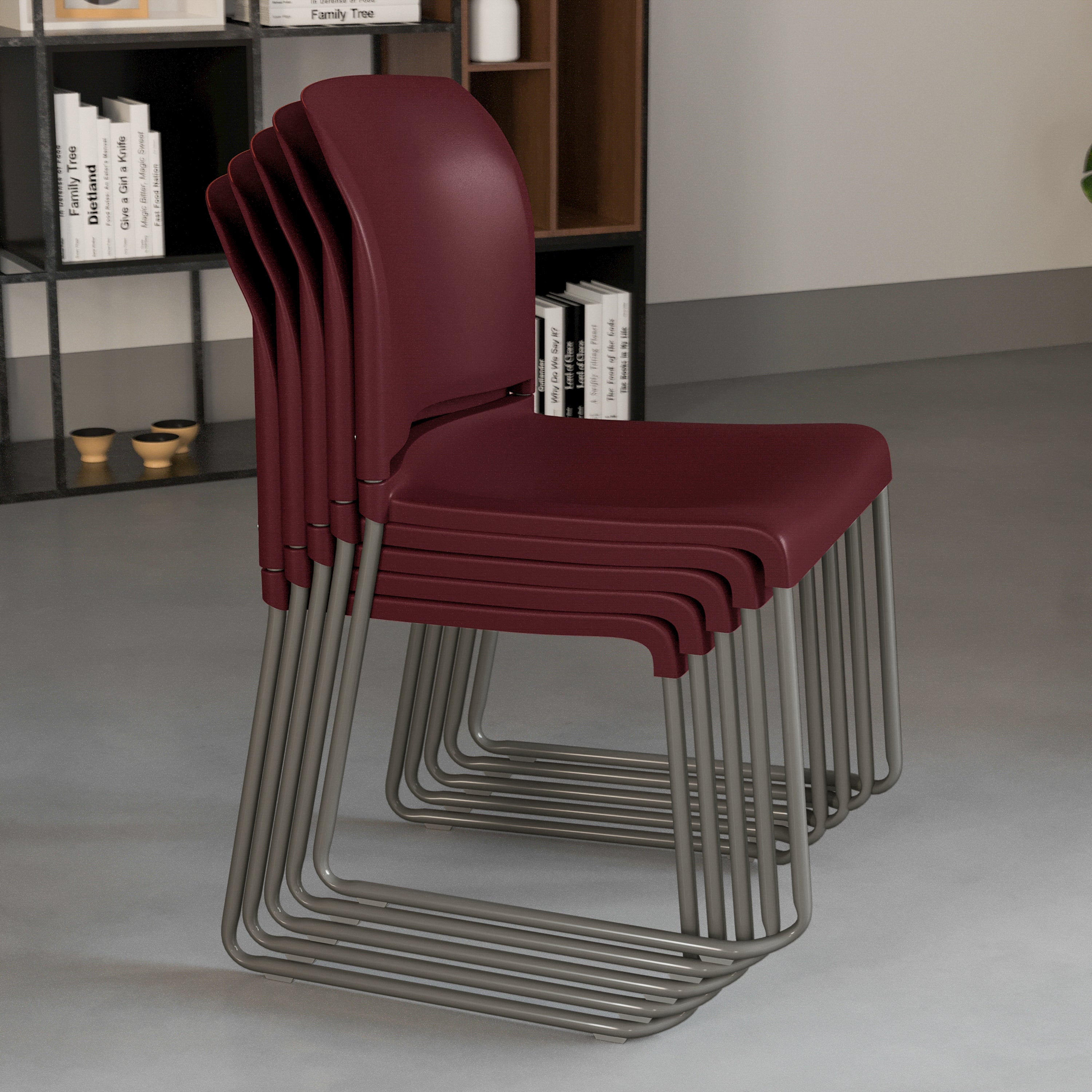 HERCULES Series 880 lb. Capacity Burgundy Full Back Contoured Stack Chair with Gray Powder Coated Sled Base