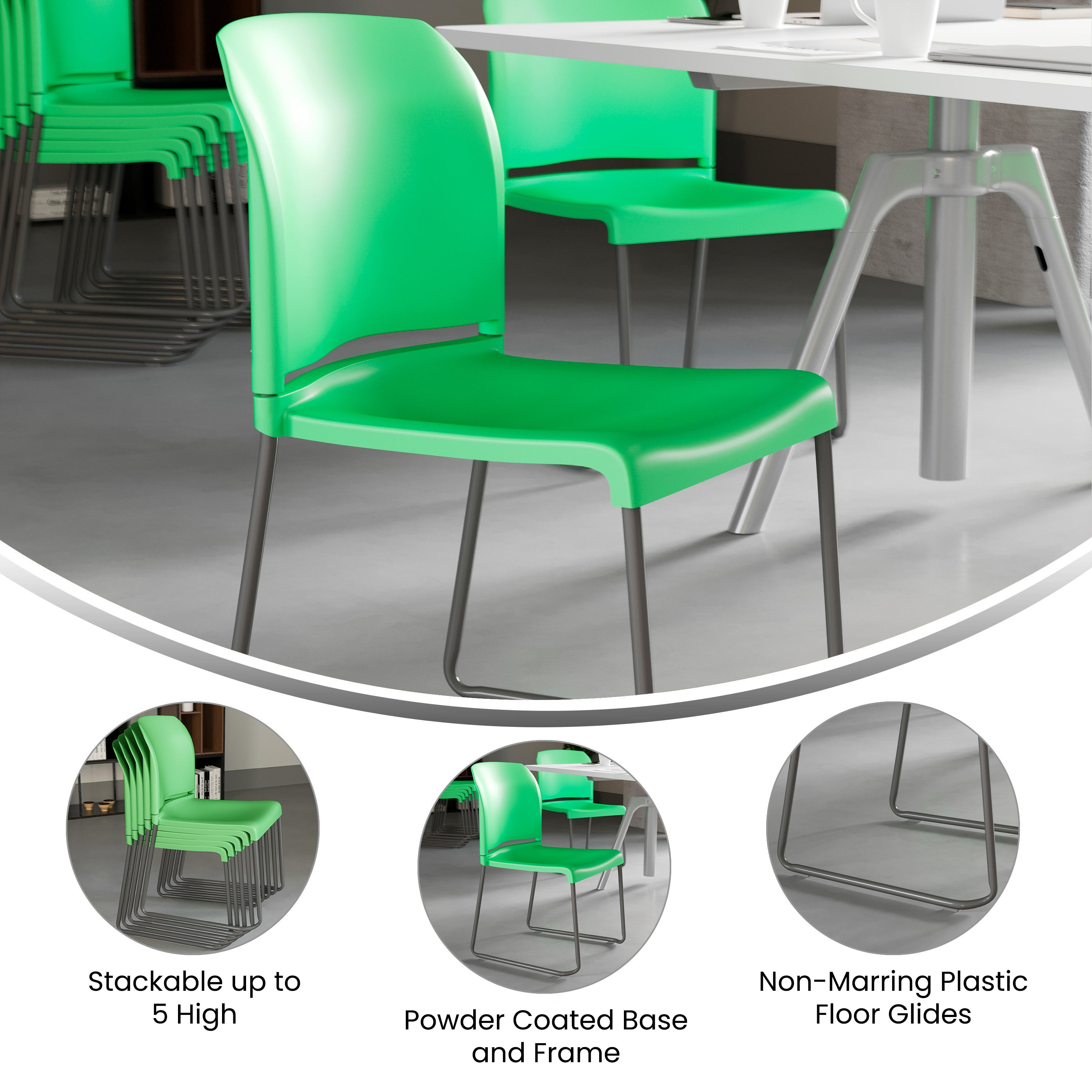HERCULES Series 880 lb. Capacity Green Full Back Contoured Stack Chair with Gray Powder Coated Sled Base