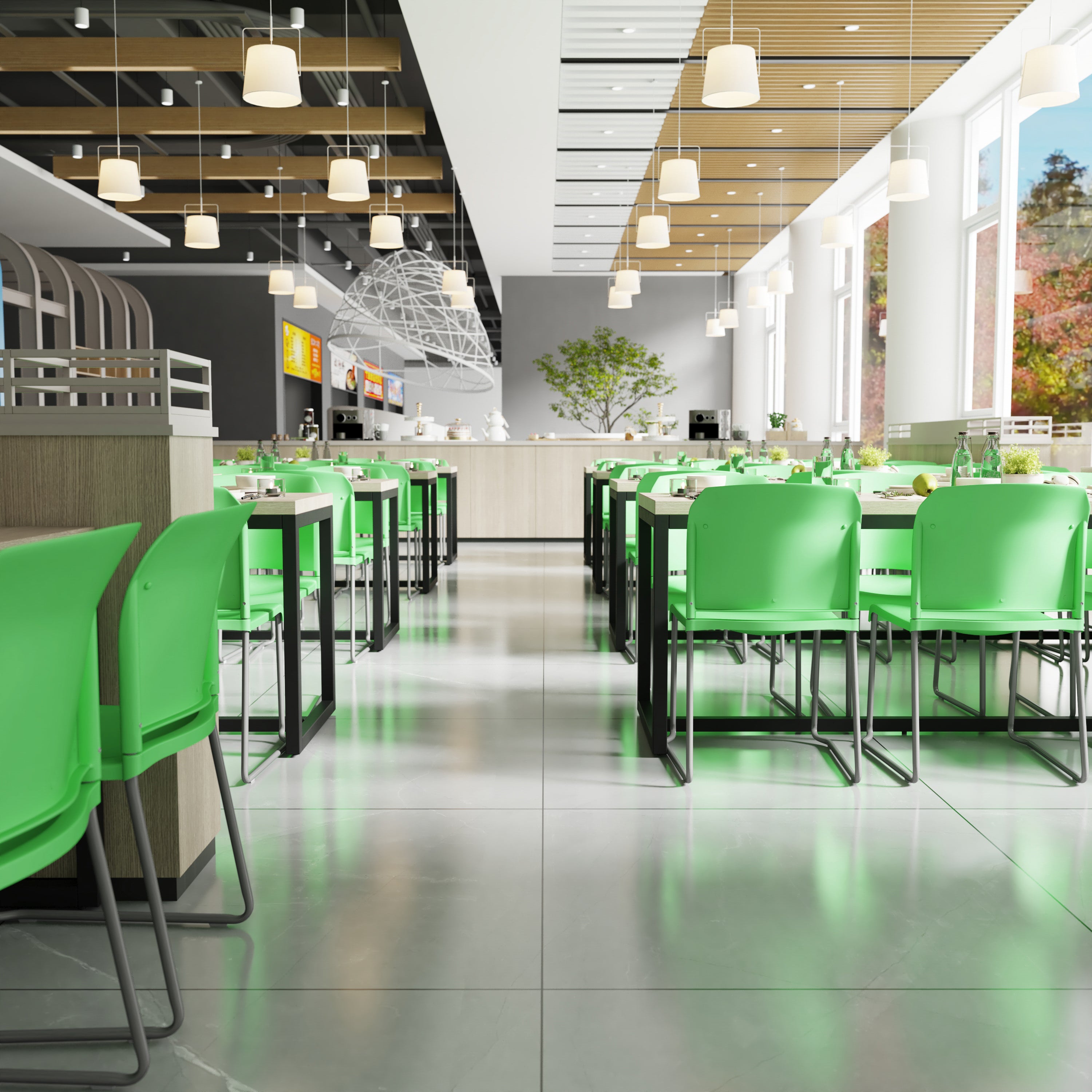 HERCULES Series 880 lb. Capacity Green Full Back Contoured Stack Chair with Gray Powder Coated Sled Base