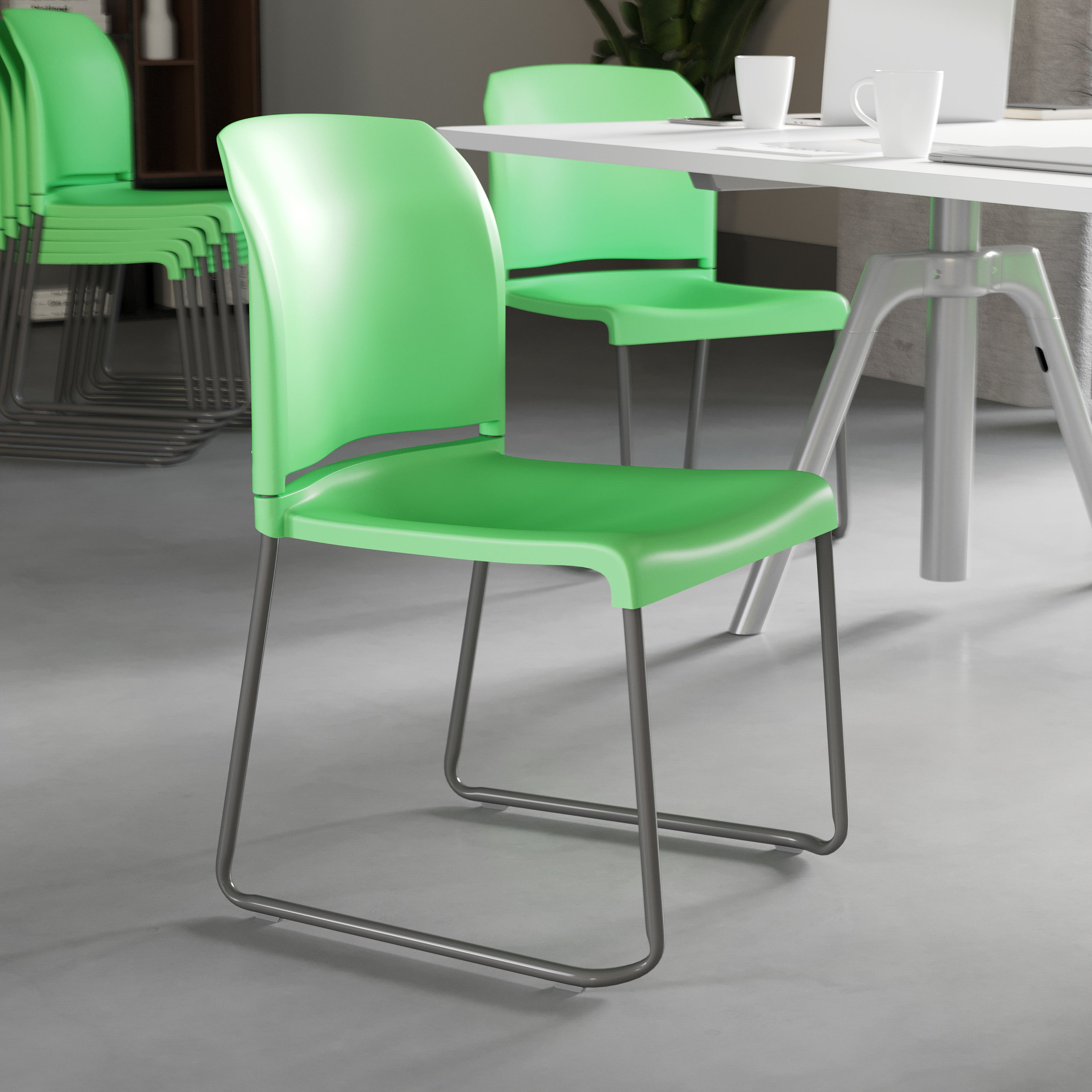 HERCULES Series 880 lb. Capacity Green Full Back Contoured Stack Chair with Gray Powder Coated Sled Base