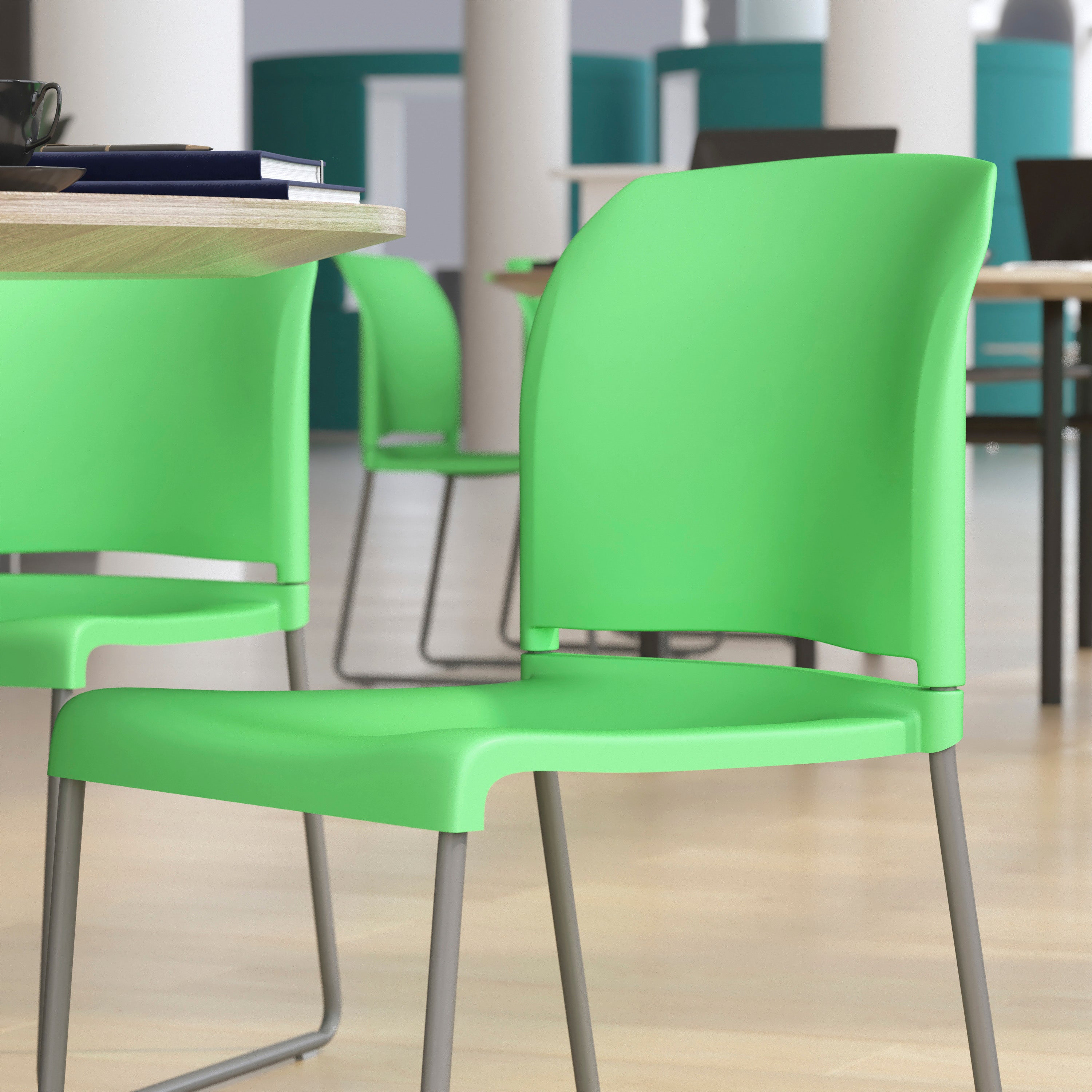 HERCULES Series 880 lb. Capacity Green Full Back Contoured Stack Chair with Gray Powder Coated Sled Base