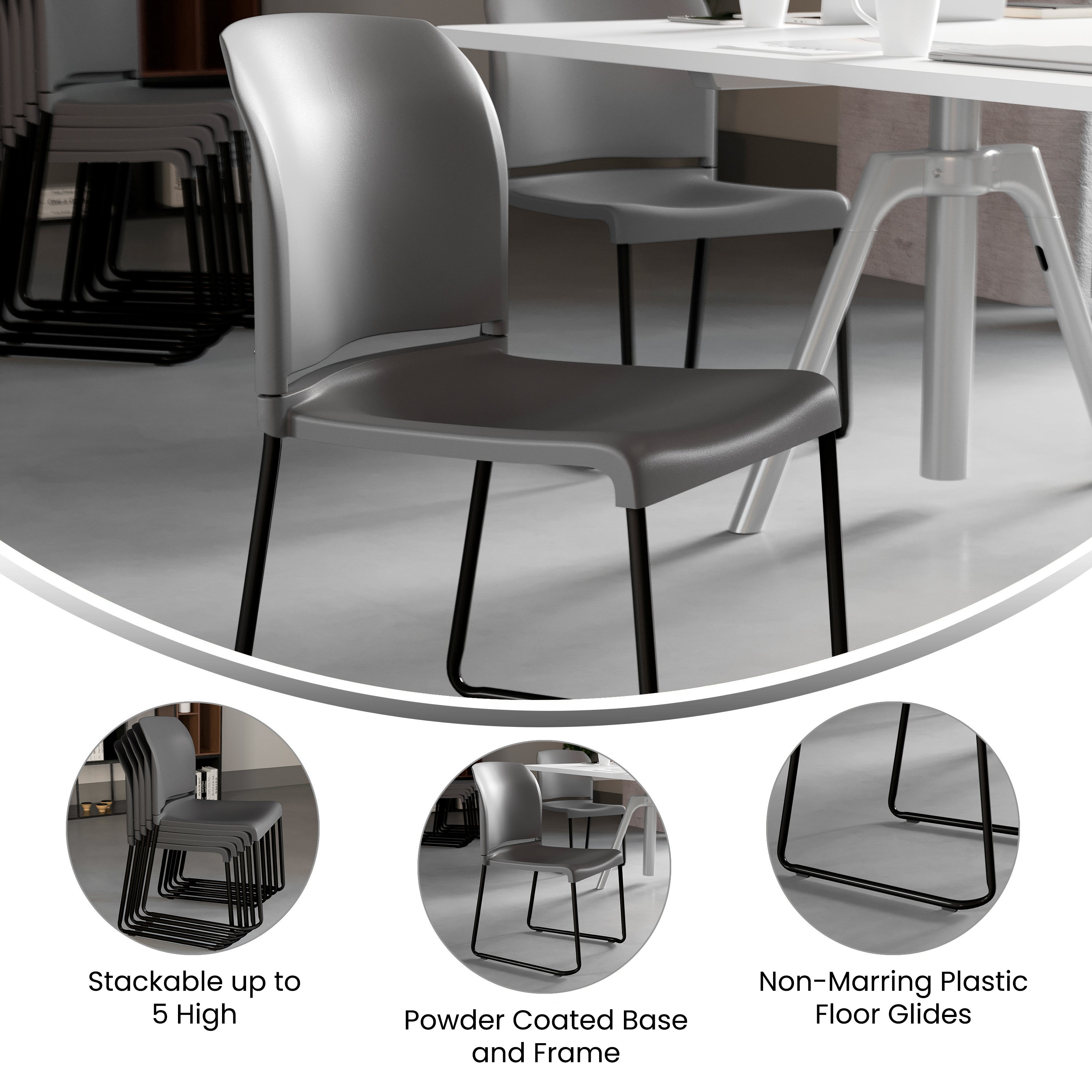 HERCULES Series 880 lb. Capacity Gray Full Back Contoured Stack Chair with Black Powder Coated Sled Base