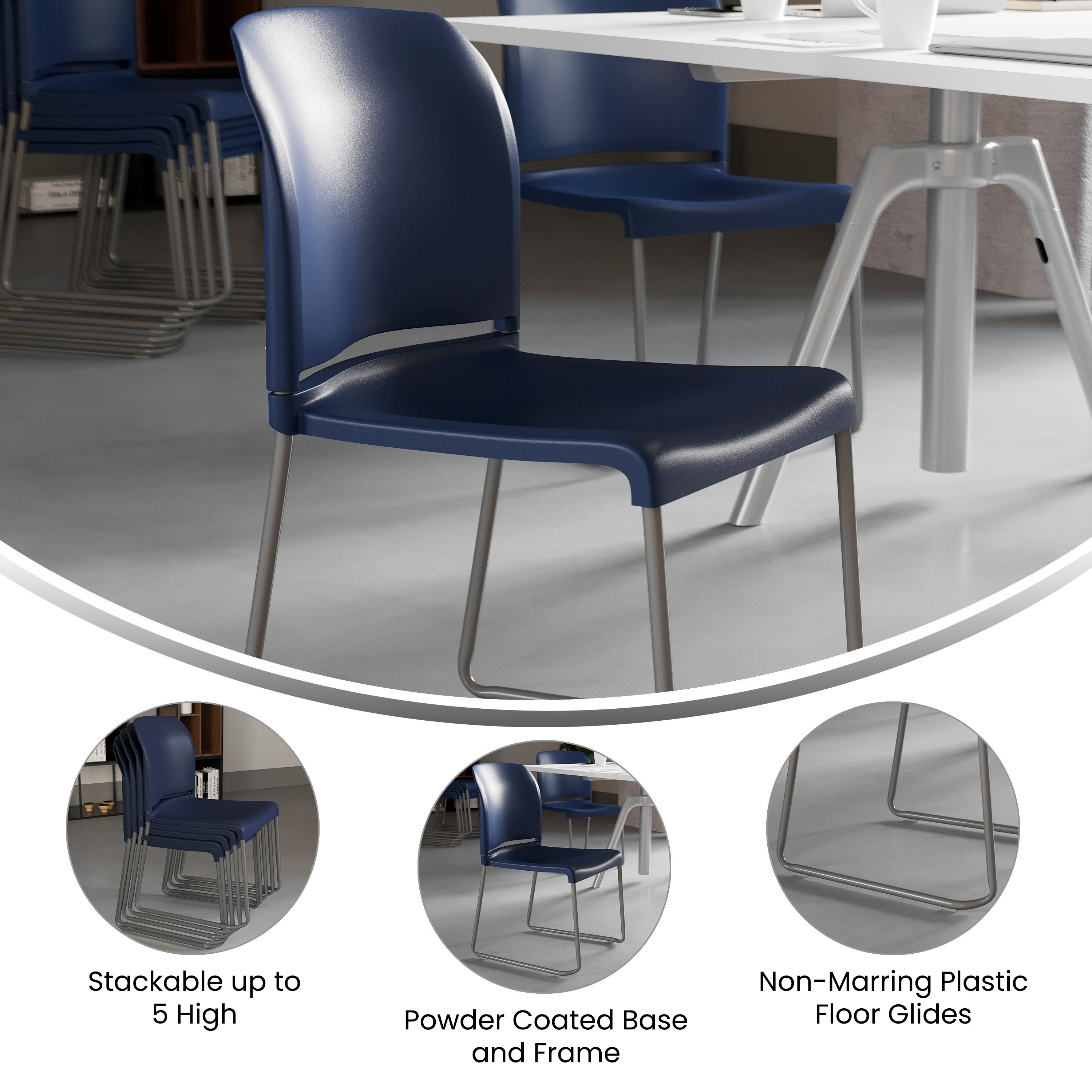 HERCULES Series 880 lb. Capacity Navy Full Back Contoured Stack Chair with Gray Powder Coated Sled Base