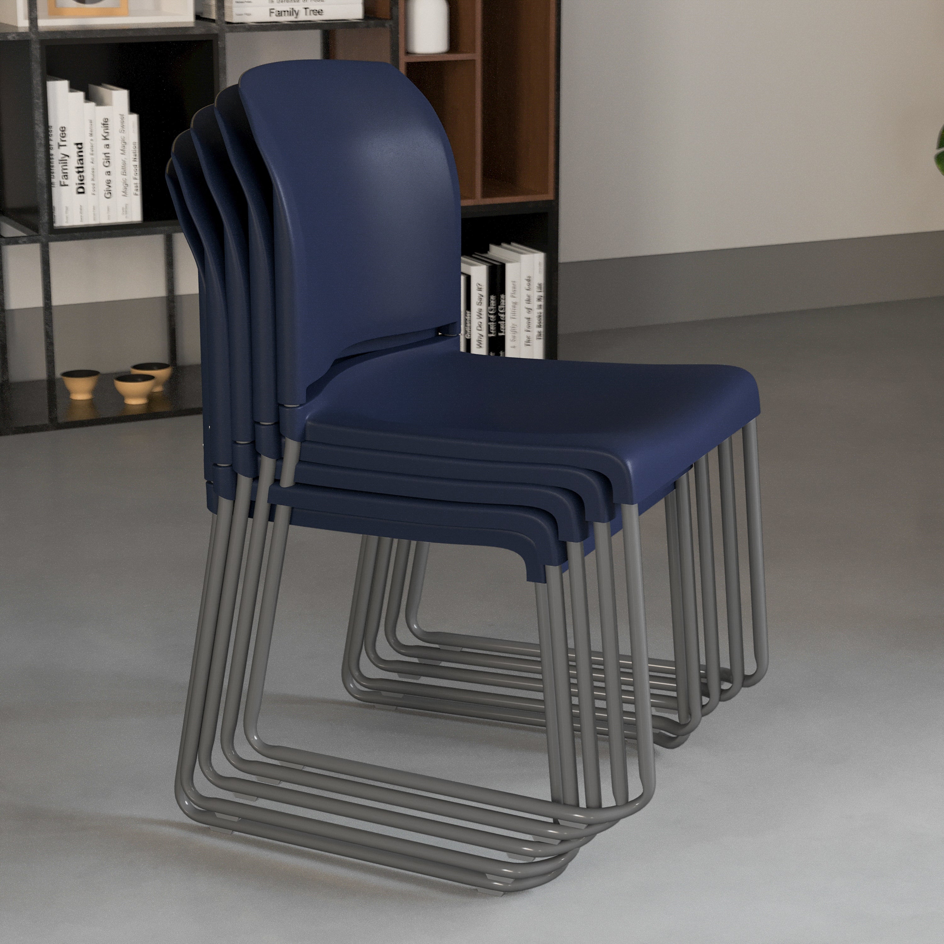 HERCULES Series 880 lb. Capacity Navy Full Back Contoured Stack Chair with Gray Powder Coated Sled Base