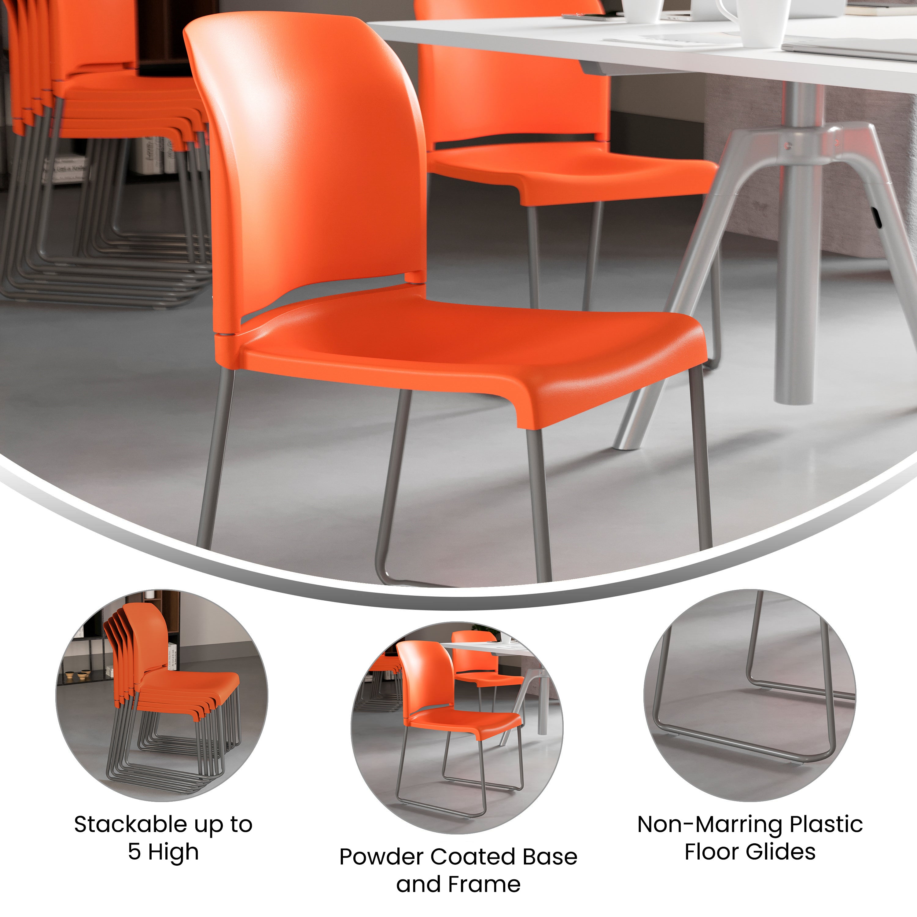 HERCULES Series 880 lb. Capacity Orange Full Back Contoured Stack Chair with Gray Powder Coated Sled Base
