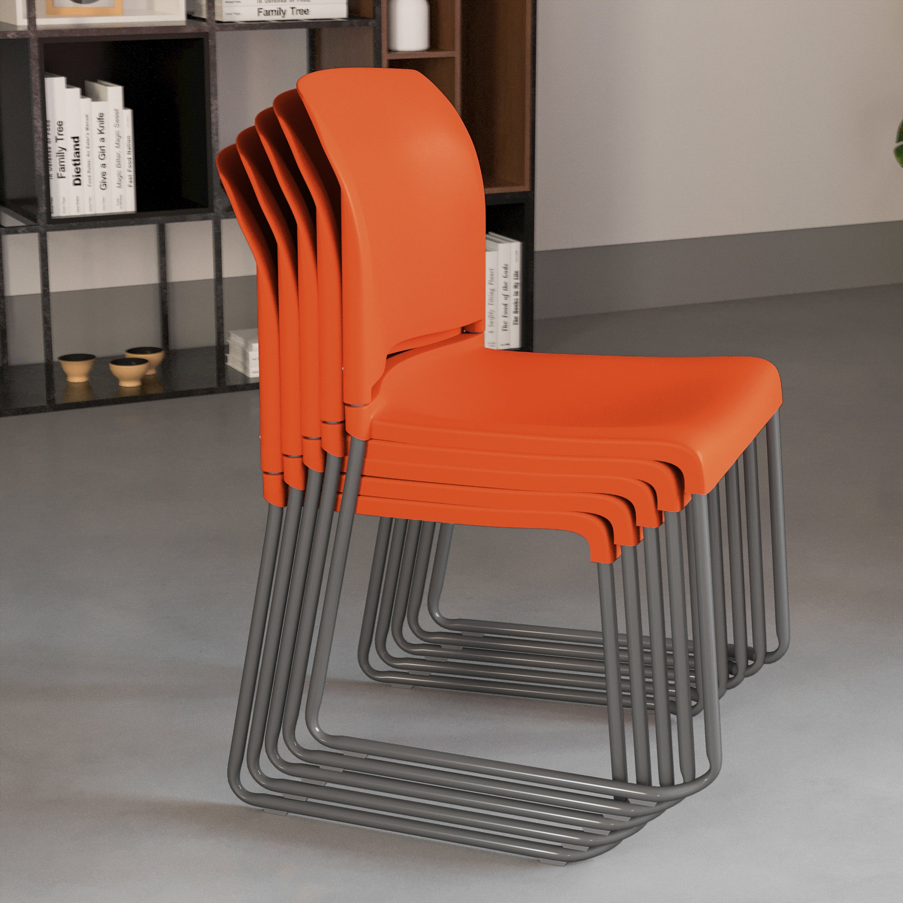 HERCULES Series 880 lb. Capacity Orange Full Back Contoured Stack Chair with Gray Powder Coated Sled Base