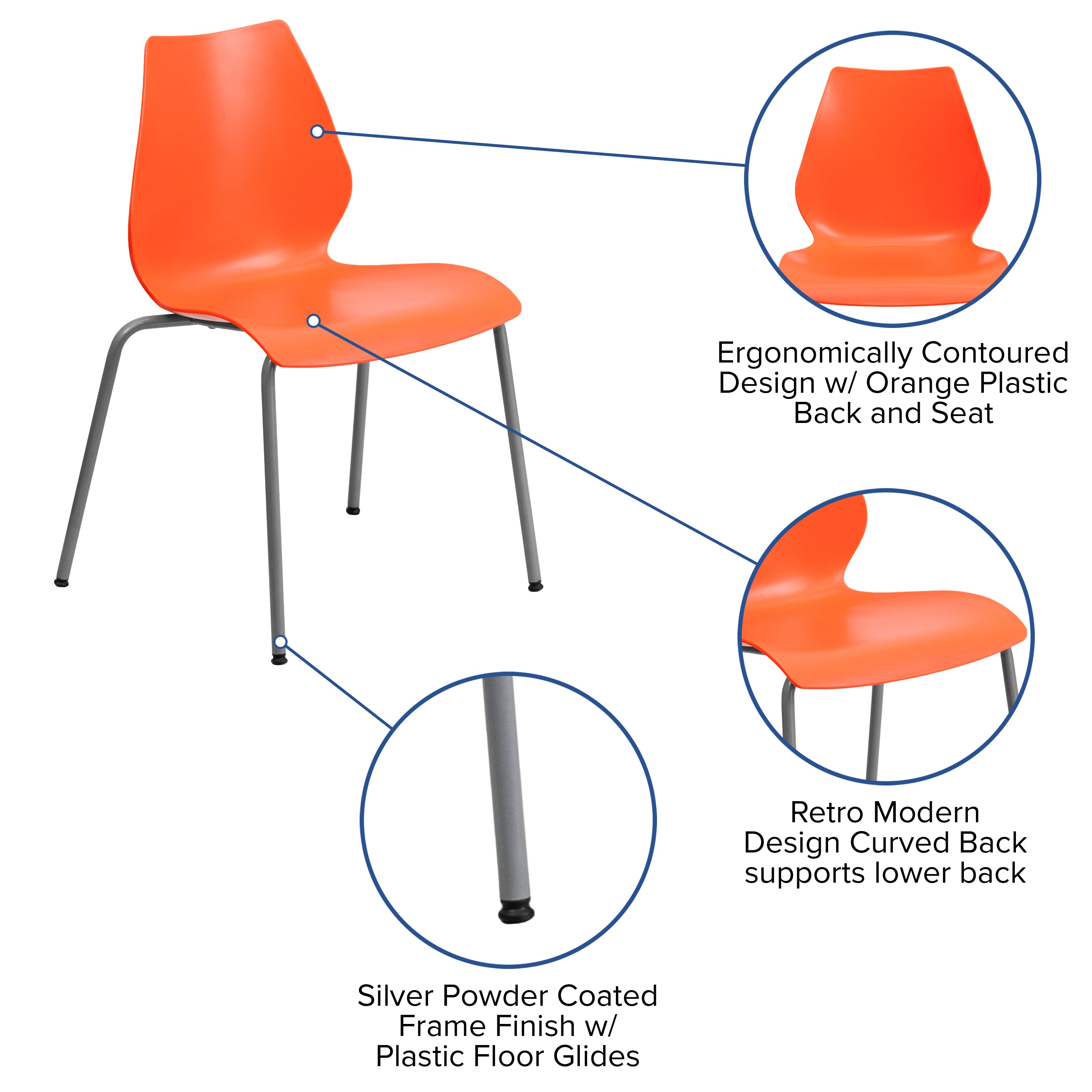 HERCULES Series 770 lb. Capacity Orange Stack Chair with Lumbar Support and Silver Frame