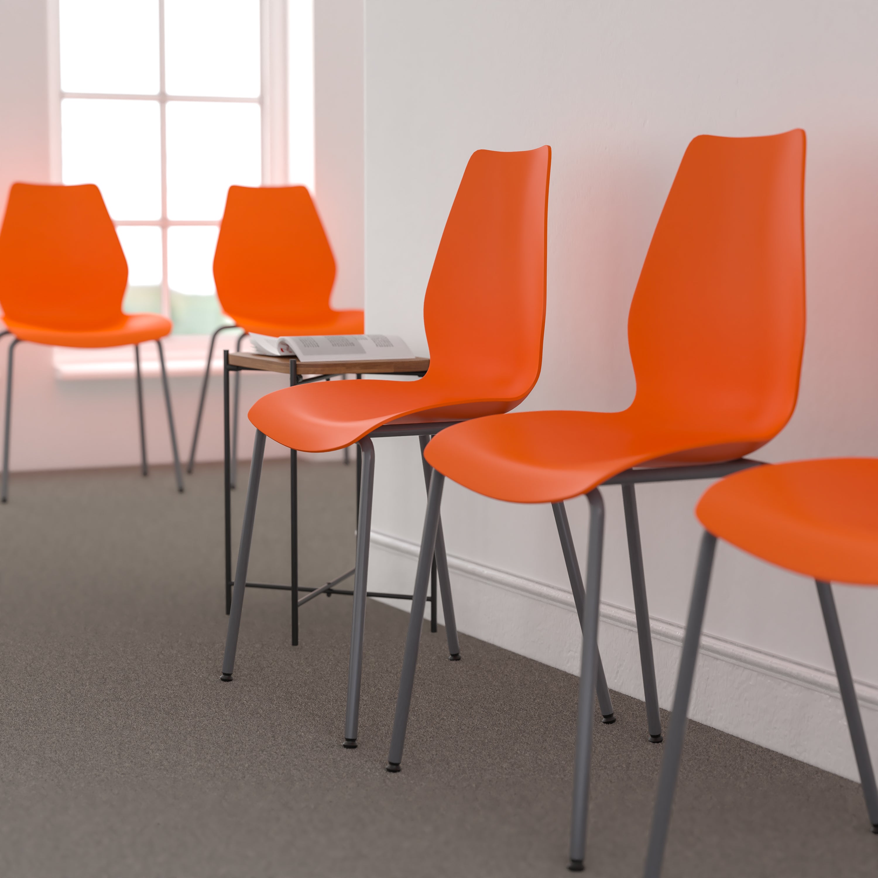 HERCULES Series 770 lb. Capacity Orange Stack Chair with Lumbar Support and Silver Frame
