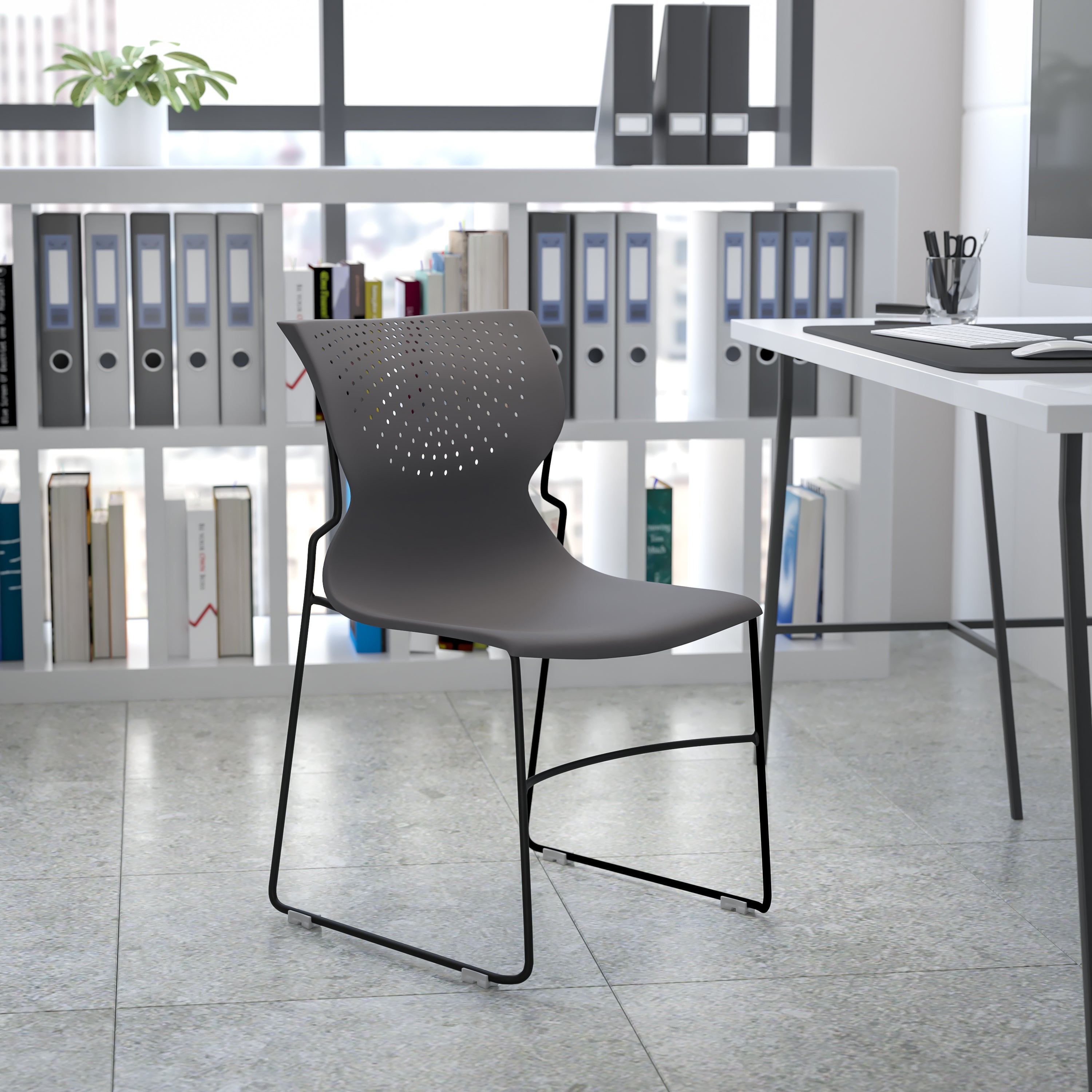 HERCULES Series 661 lb. Capacity Gray Full Back Stack Chair with Black Powder Coated Frame