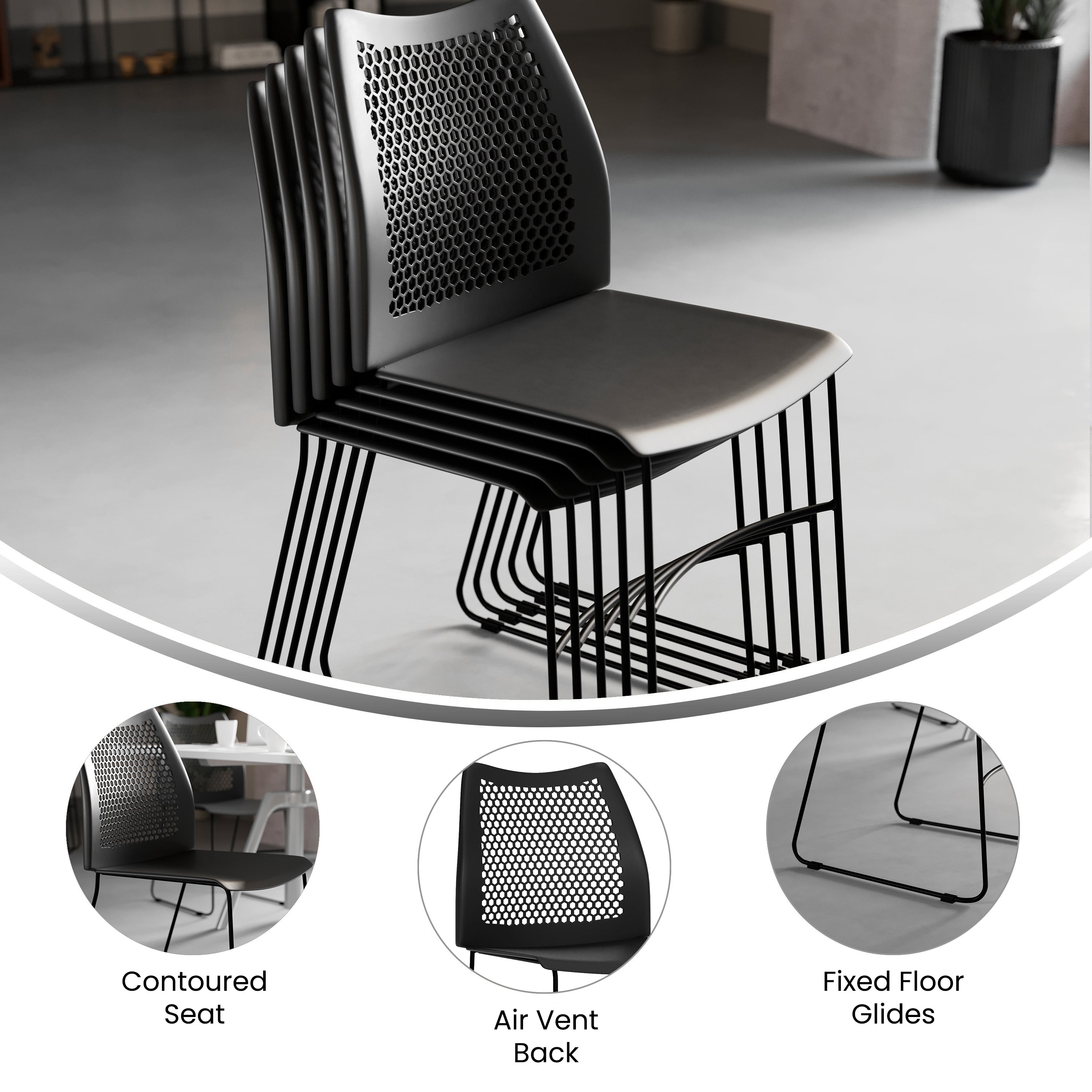 HERCULES Series 661 lb. Capacity Black Stack Chair with Air-Vent Back and Black Powder Coated Sled Base