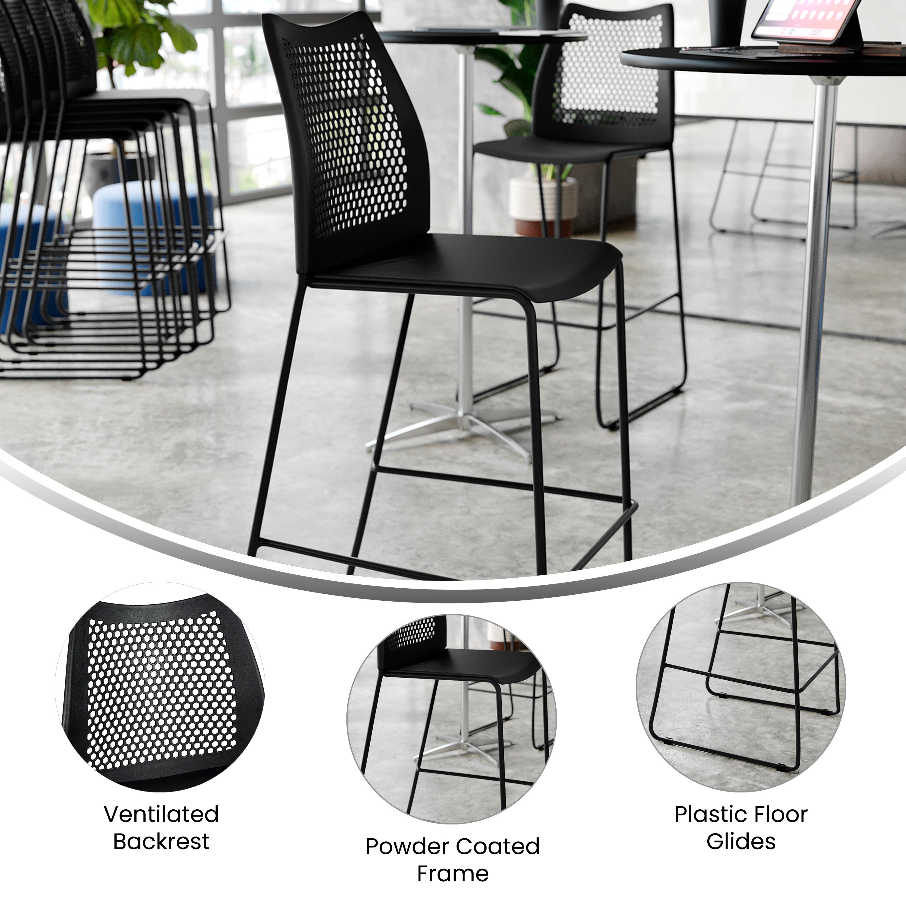 HERCULES Stack Bar Stool with Air-Vent Back and Powder Coated Sled Base