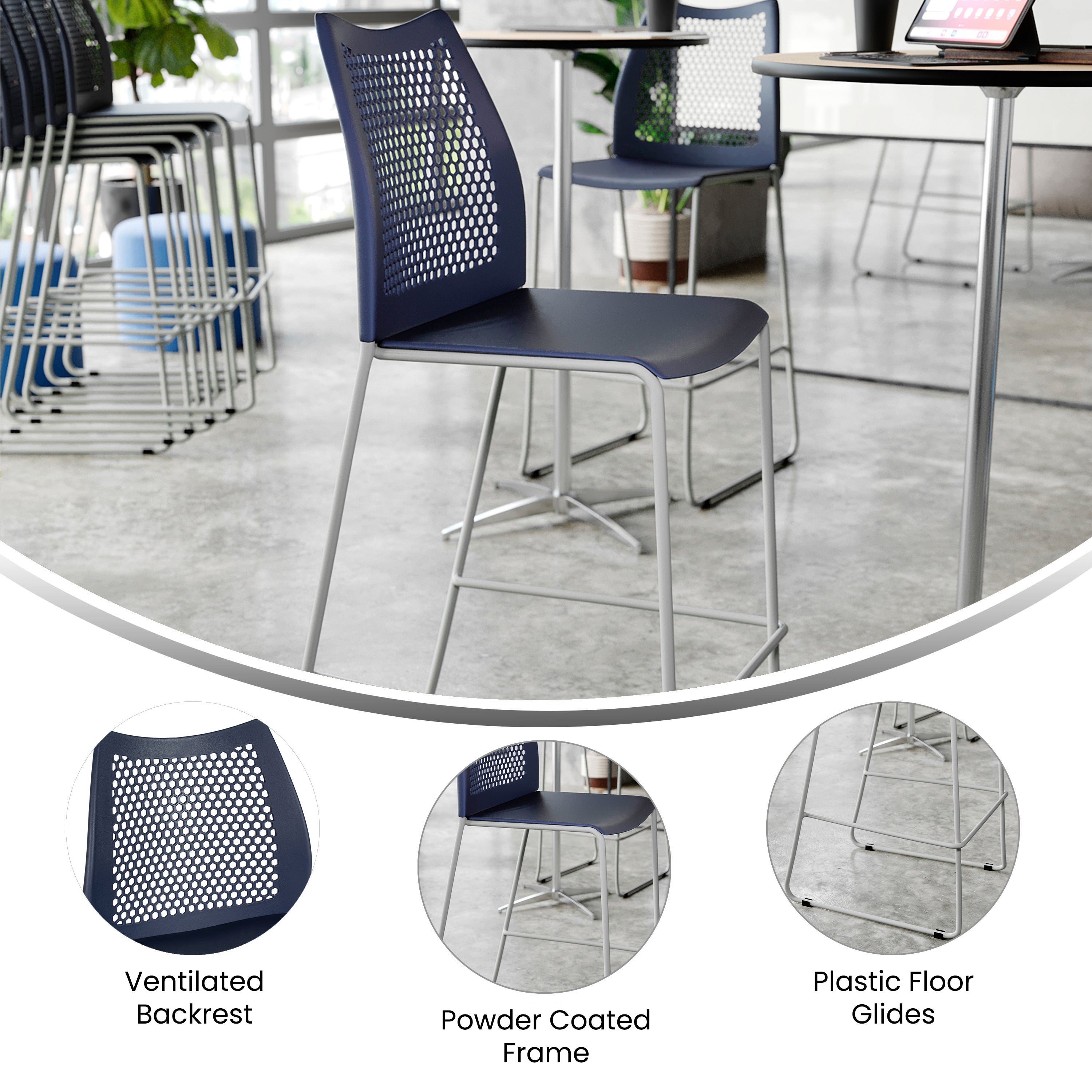 HERCULES Navy Stack Bar Stool with Air-Vent Back and Gray Powder Coated Sled Base