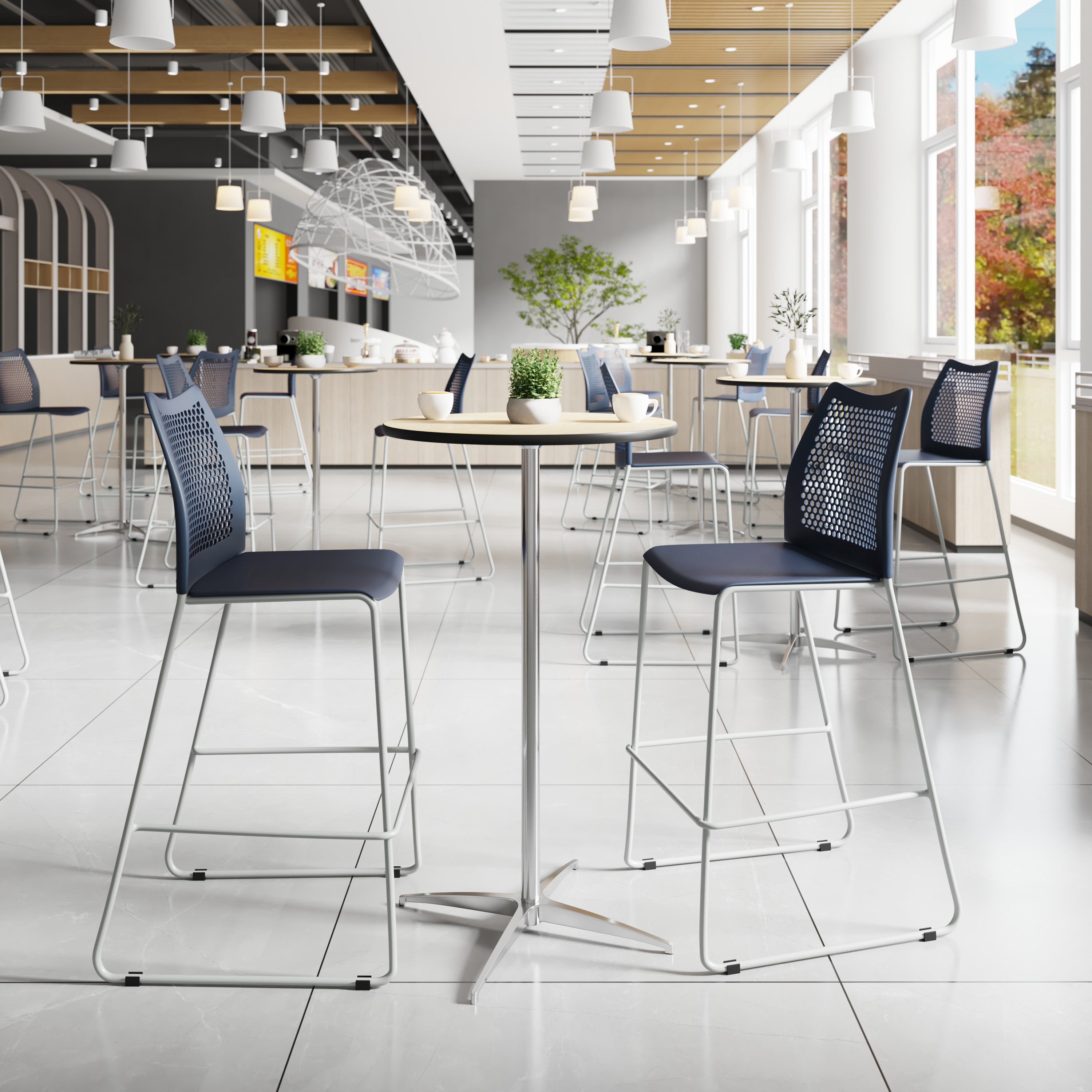 HERCULES Navy Stack Bar Stool with Air-Vent Back and Gray Powder Coated Sled Base