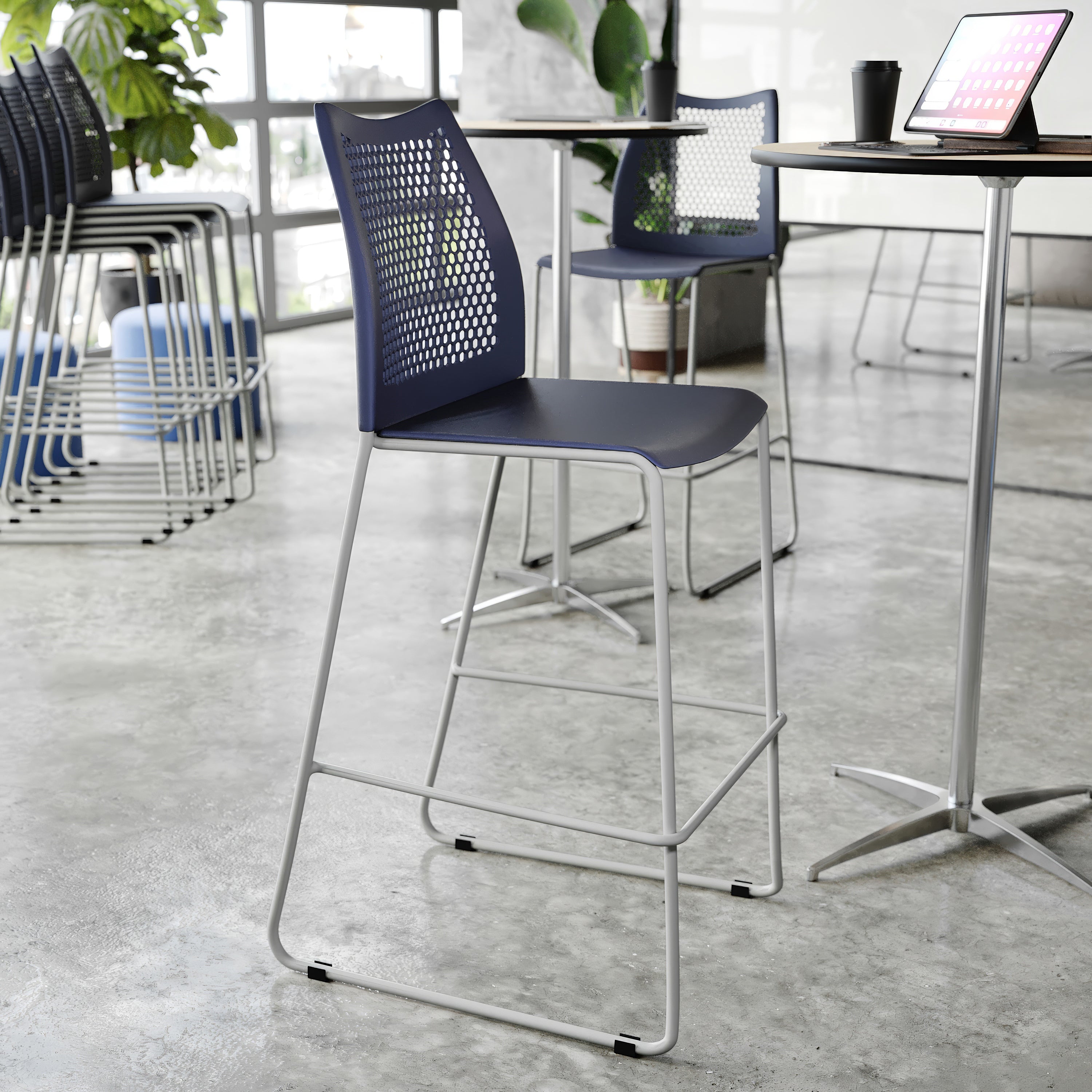 HERCULES Navy Stack Bar Stool with Air-Vent Back and Gray Powder Coated Sled Base