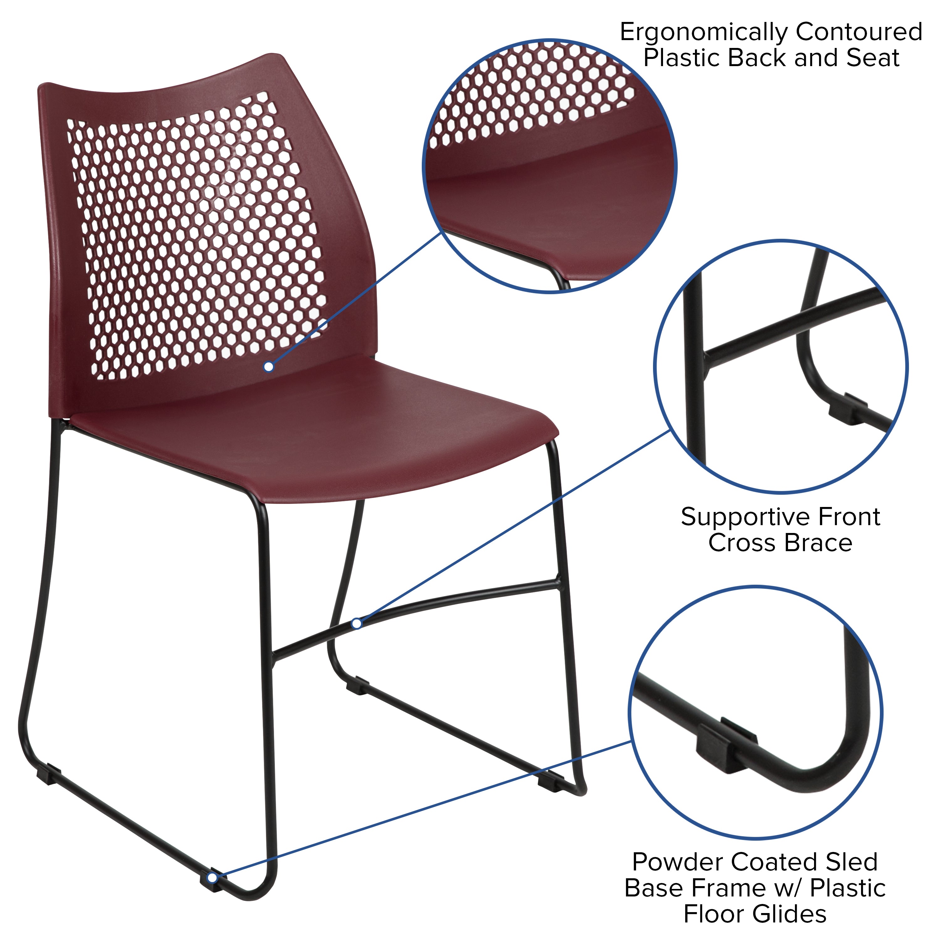 HERCULES Series 661 lb. Capacity Burgundy Stack Chair with Air-Vent Back and Black Powder Coated Sled Base