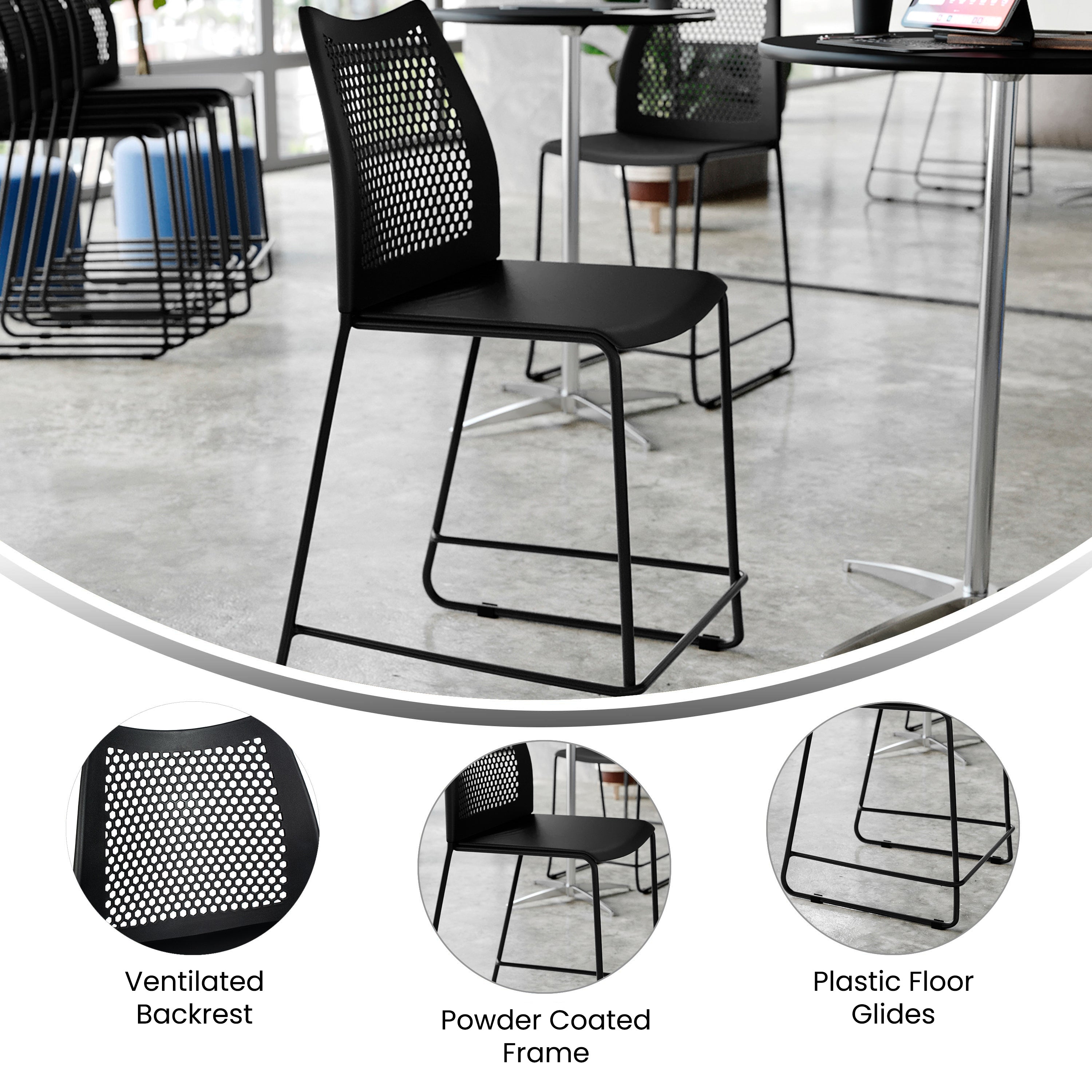 HERCULES Stack Counter Stool with Air-Vent Back and Powder Coated Sled Base