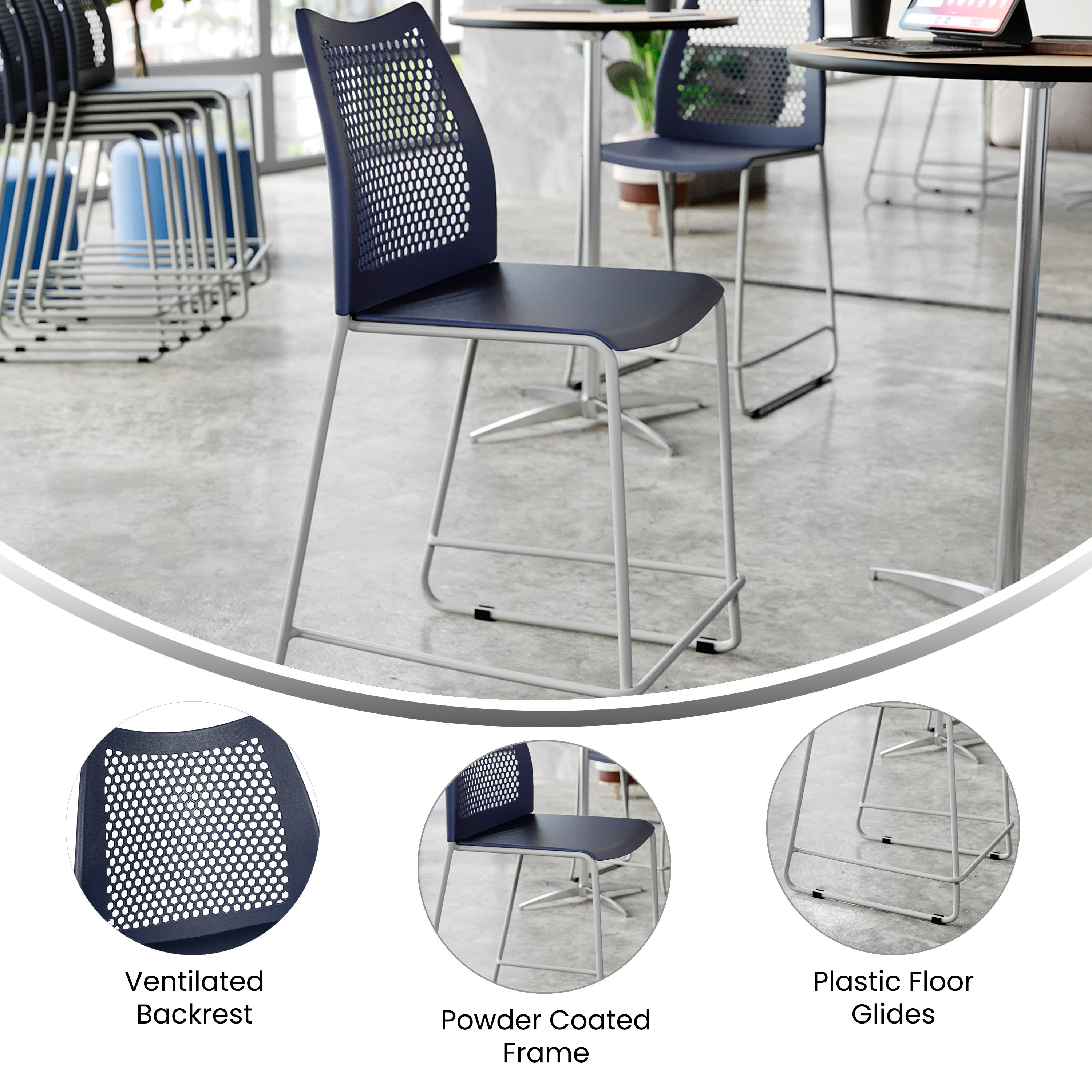 HERCULES Navy Stack Counter Stool with Air-Vent Back and Gray Powder Coated Sled Base