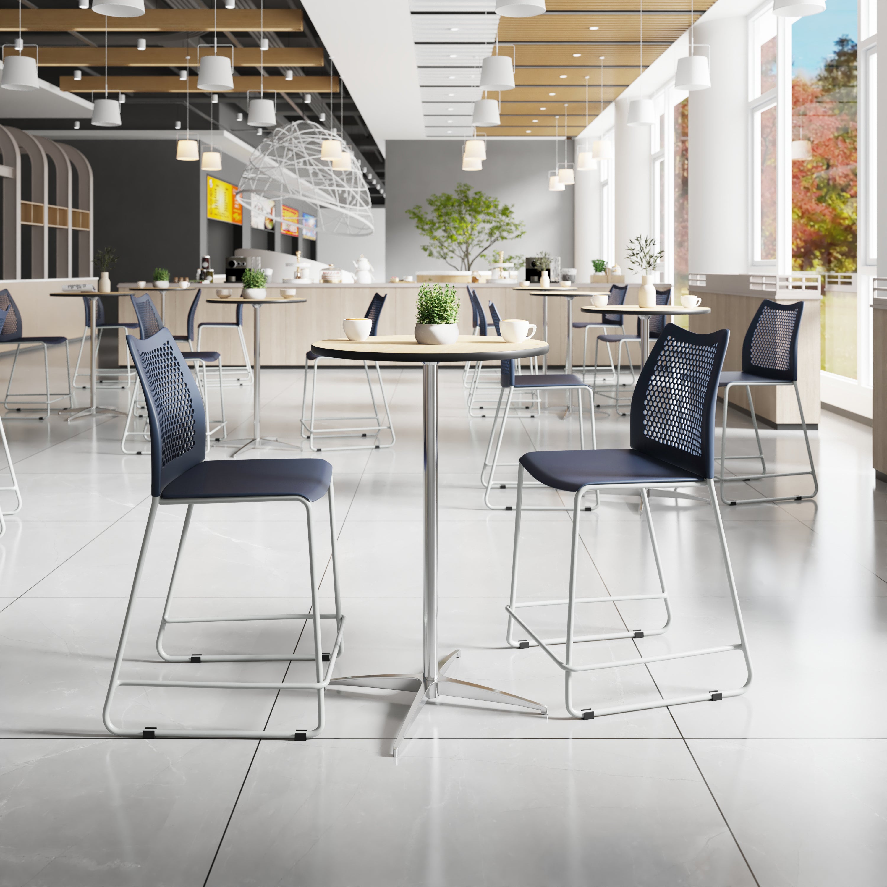 HERCULES Navy Stack Counter Stool with Air-Vent Back and Gray Powder Coated Sled Base