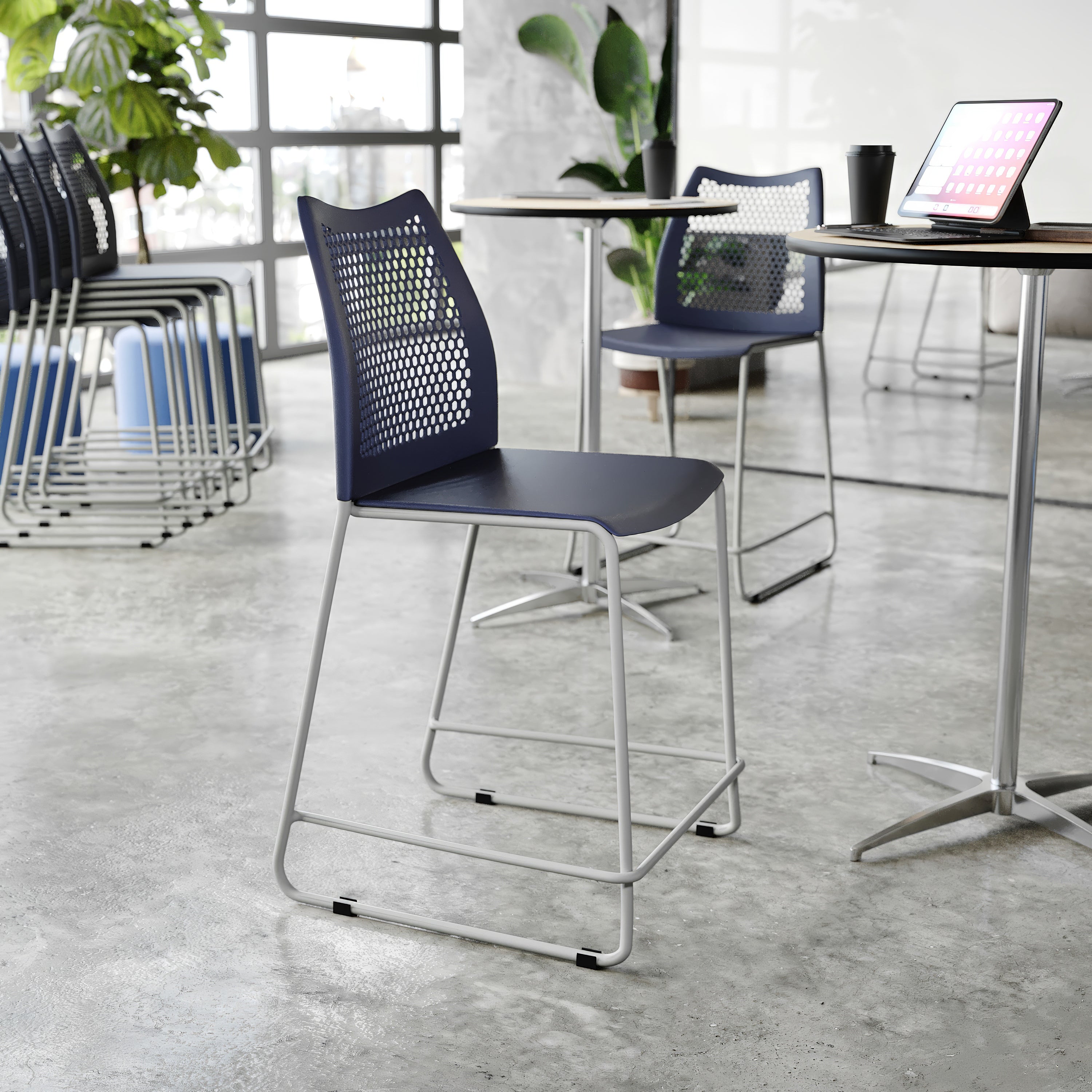 HERCULES Navy Stack Counter Stool with Air-Vent Back and Gray Powder Coated Sled Base