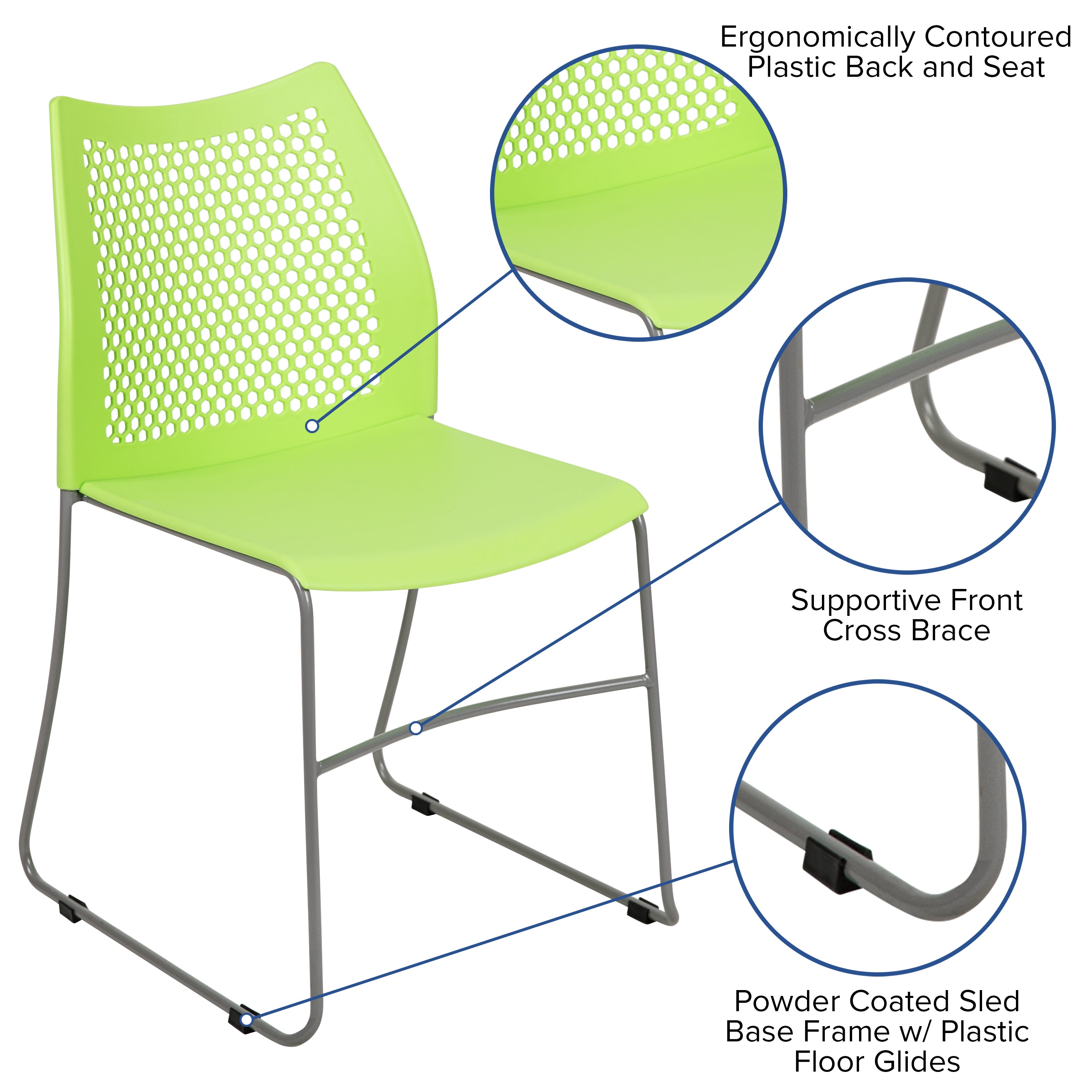 HERCULES Series 661 lb. Capacity Green Stack Chair with Air-Vent Back and Gray Powder Coated Sled Base