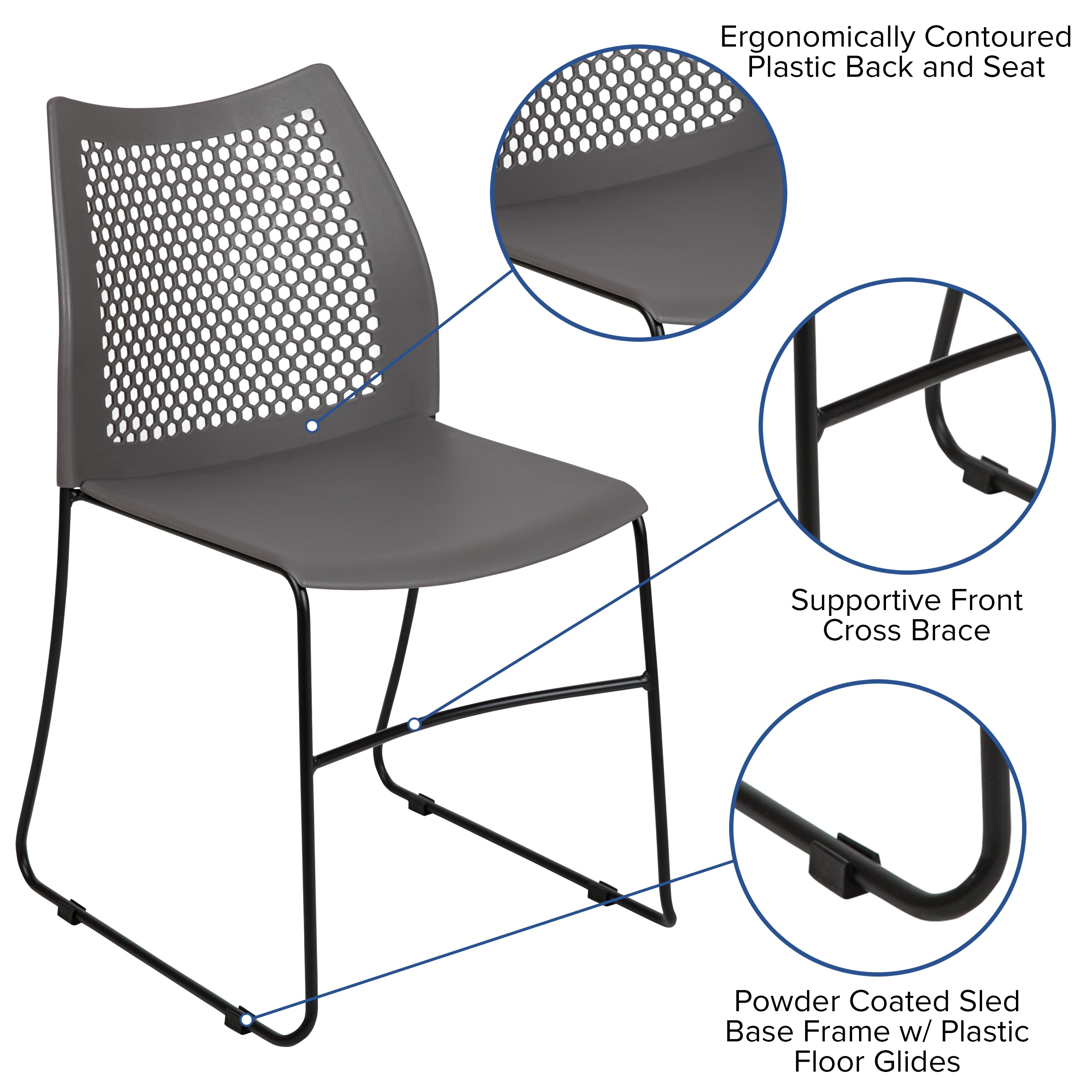 HERCULES Series 661 lb. Capacity Gray Stack Chair with Air-Vent Back and Black Powder Coated Sled Base