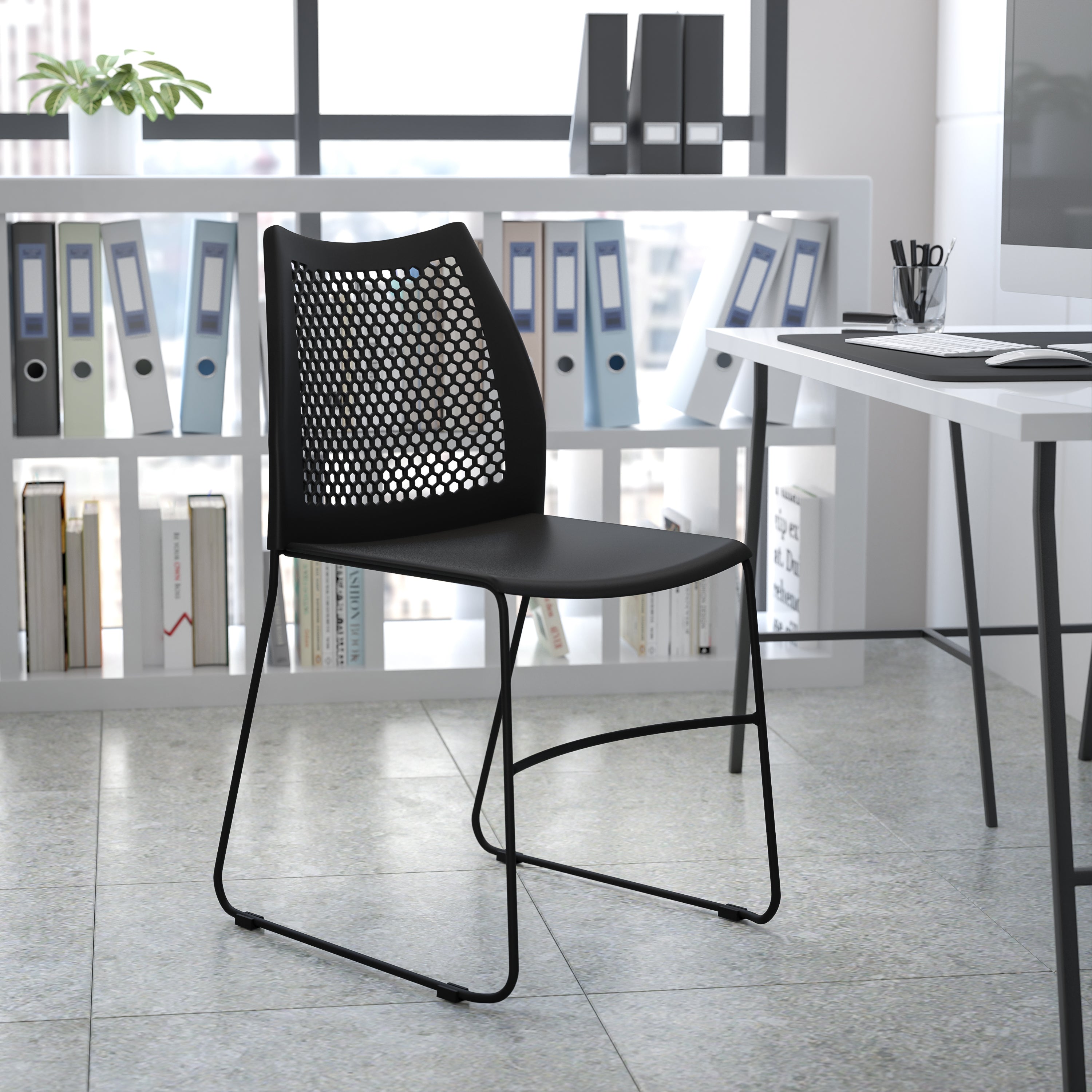 HERCULES Series 661 lb. Capacity Navy Stack Chair with Air-Vent Back and Gray Powder Coated Sled Base
