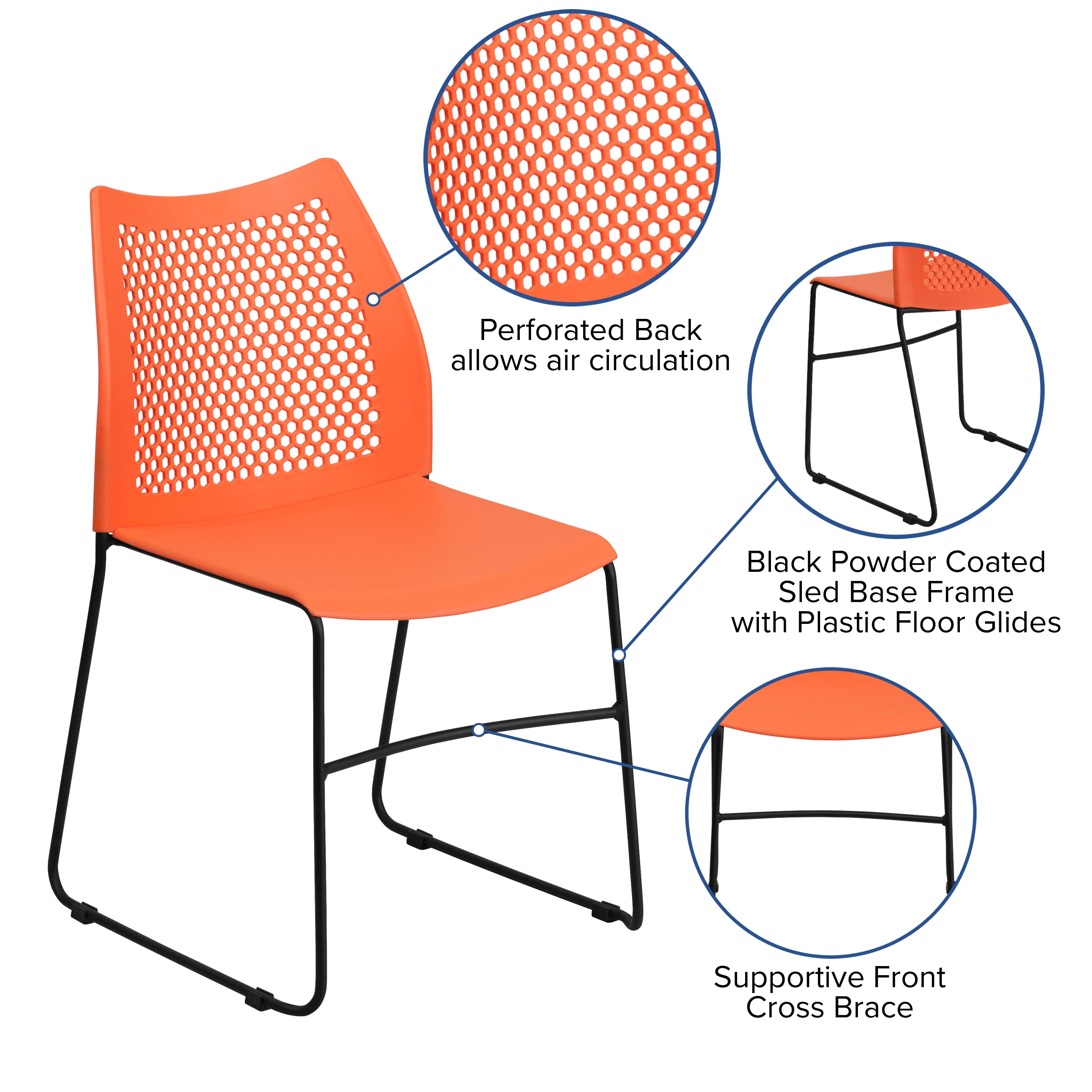 HERCULES Series 661 lb. Capacity Orange Stack Chair with Air-Vent Back and Black Powder Coated Sled Base