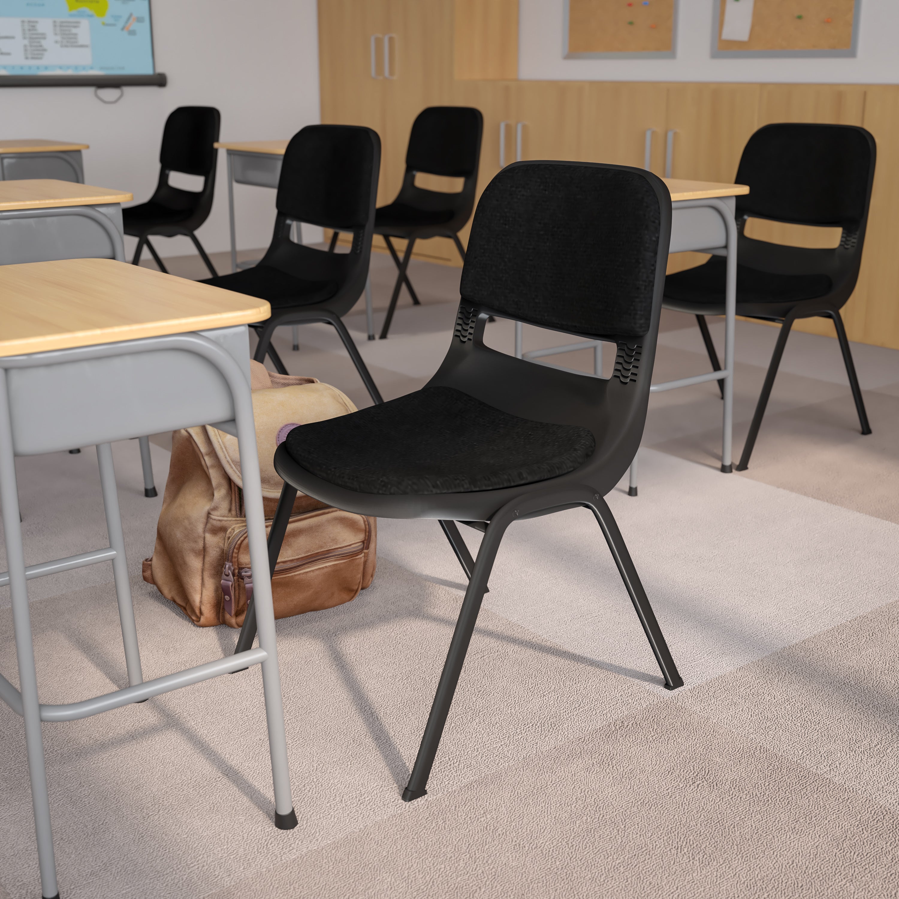 HERCULES Series 880 lb. Capacity Black Padded Ergonomic Shell Stack Chair with Black Frame