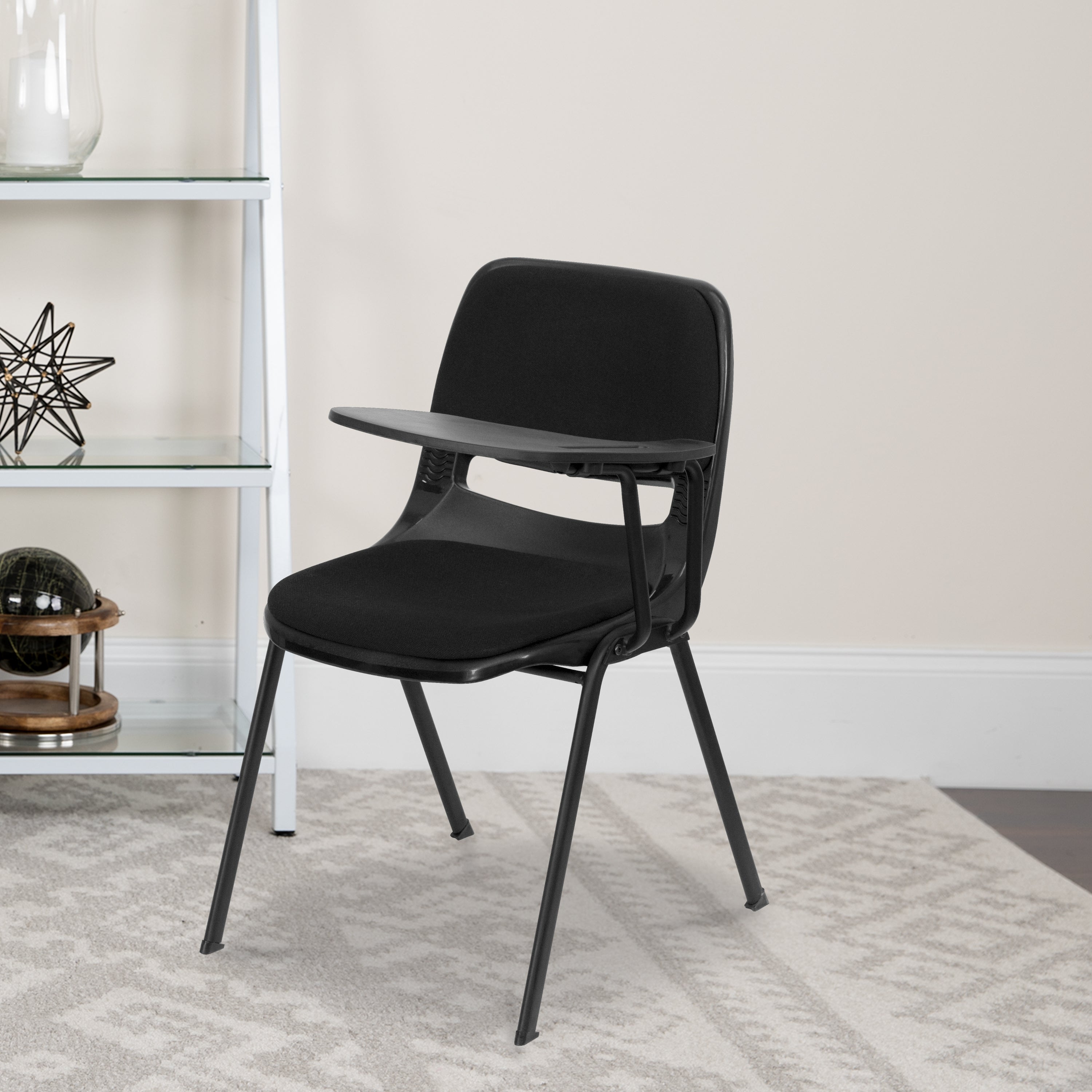 HERCULES Black Padded Ergonomic Shell Chair with Left Handed Flip-Up Tablet Arm