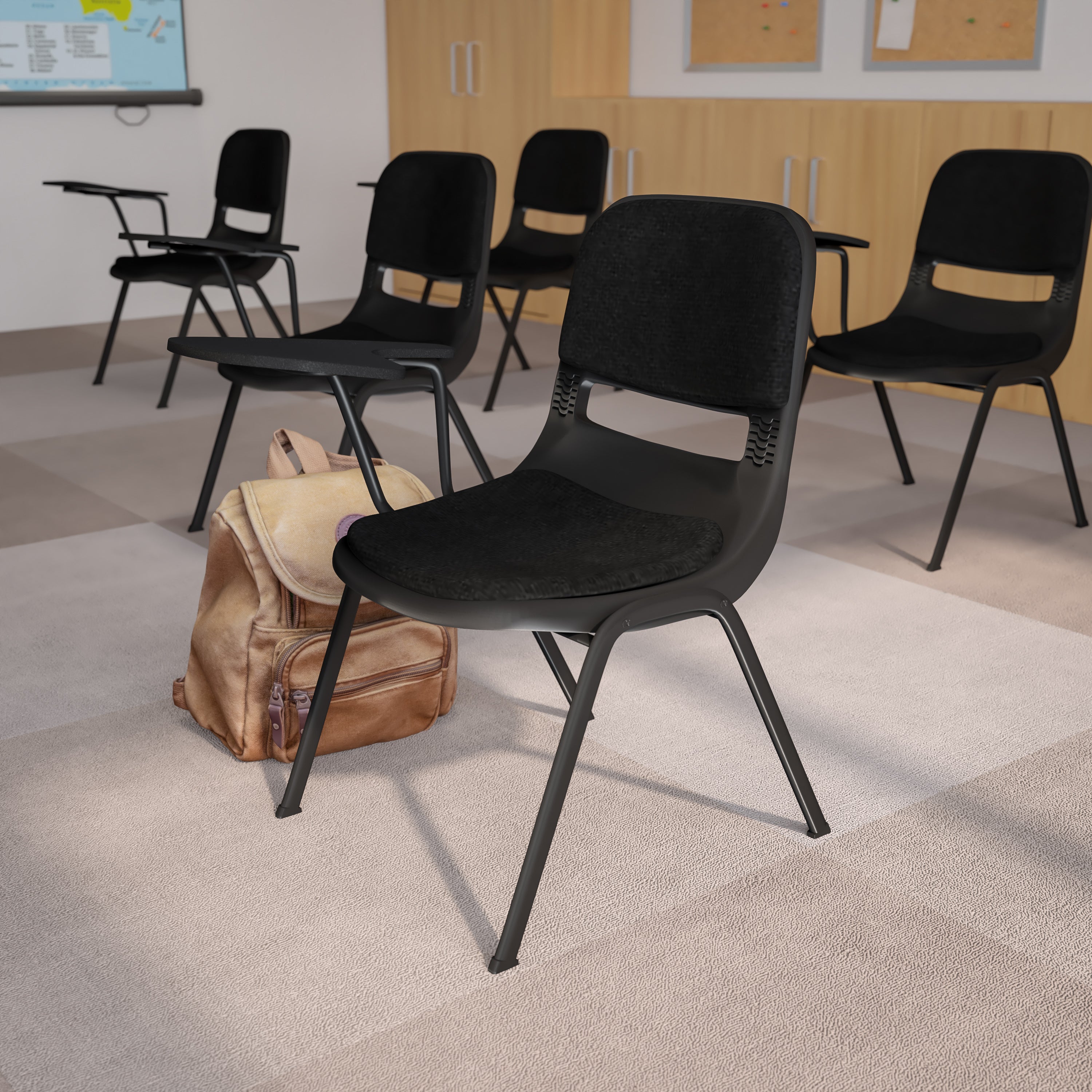 HERCULES Black Padded Ergonomic Shell Chair with Right Handed Flip-Up Tablet Arm