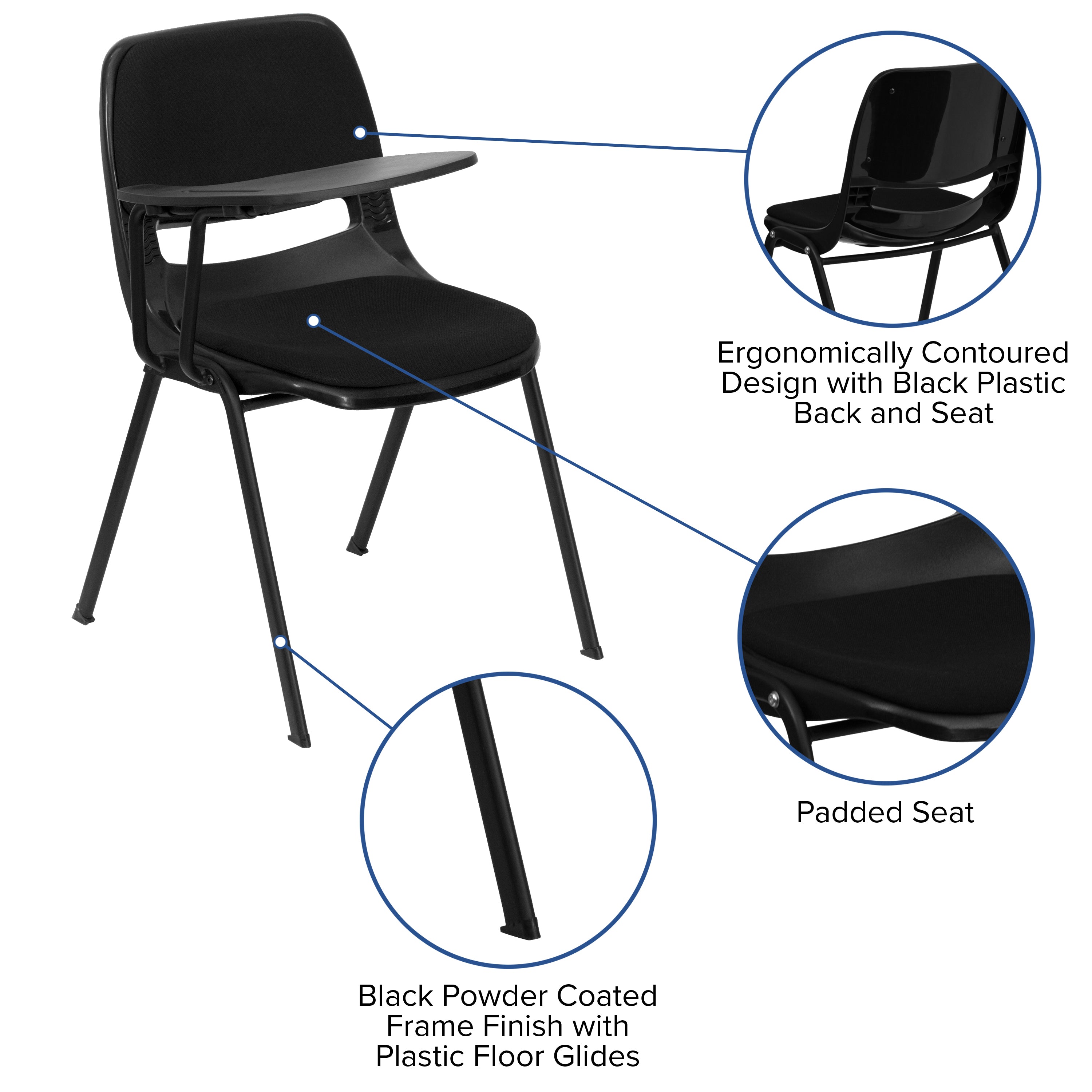 HERCULES Black Padded Ergonomic Shell Chair with Right Handed Flip-Up Tablet Arm
