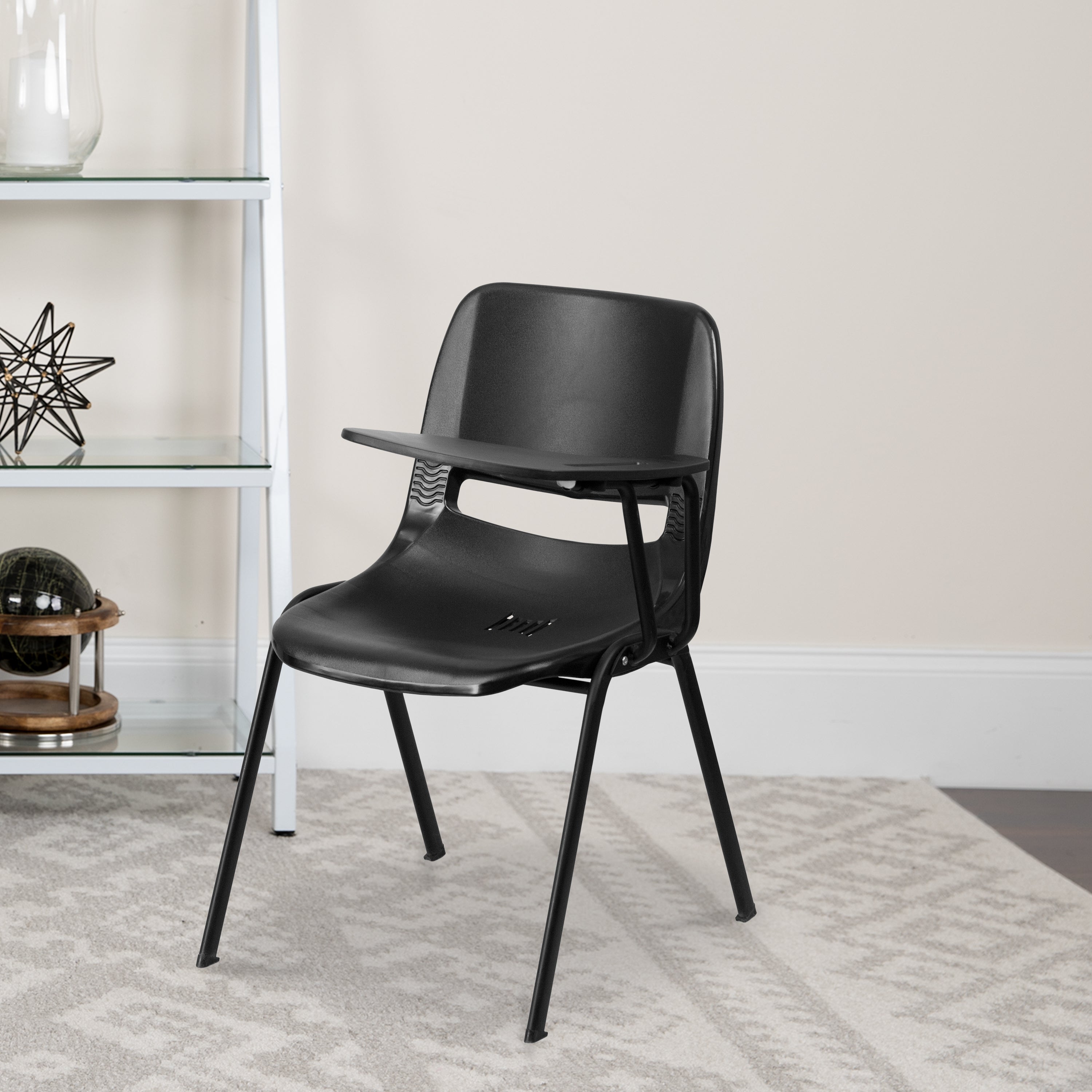 HERCULES Black Ergonomic Shell Chair with Left Handed Flip-Up Tablet Arm