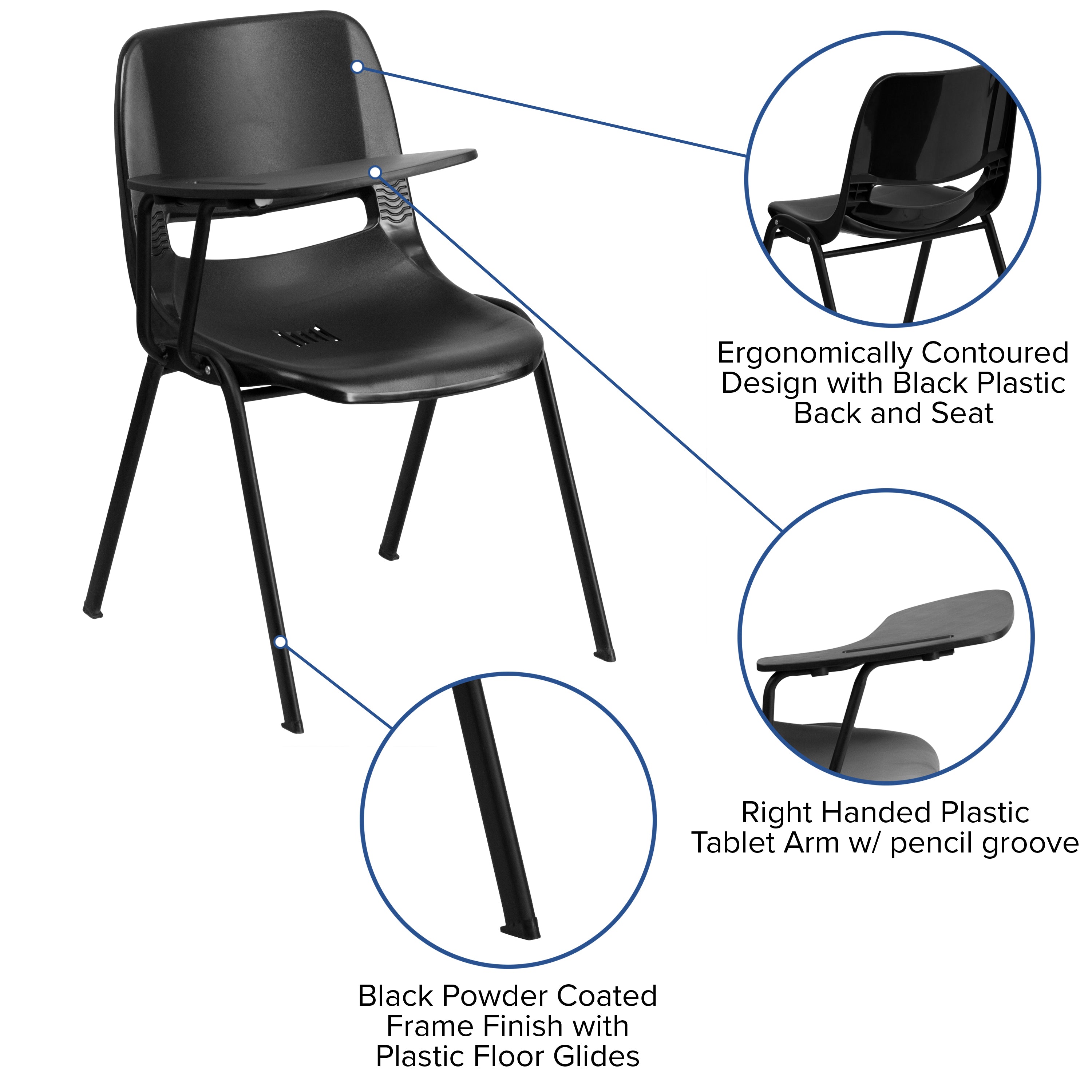 HERCULES Black Ergonomic Shell Chair with Right Handed Flip-Up Tablet Arm