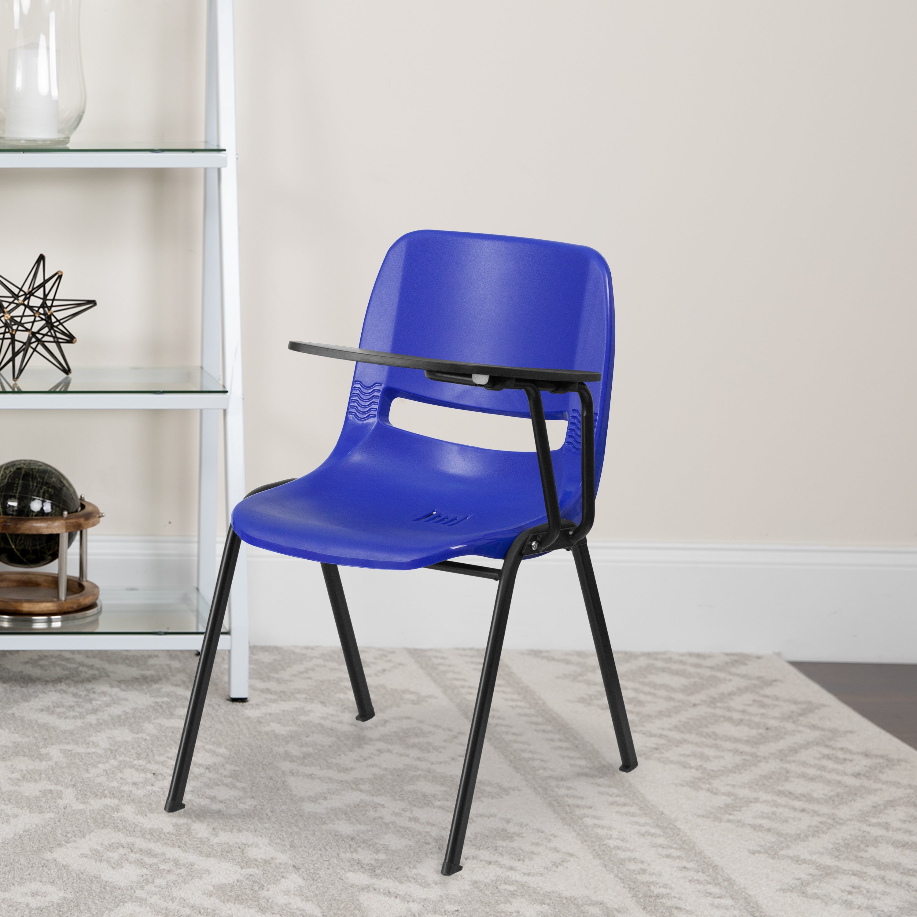 HERCULES Blue Ergonomic Shell Chair with Left Handed Flip-Up Tablet Arm