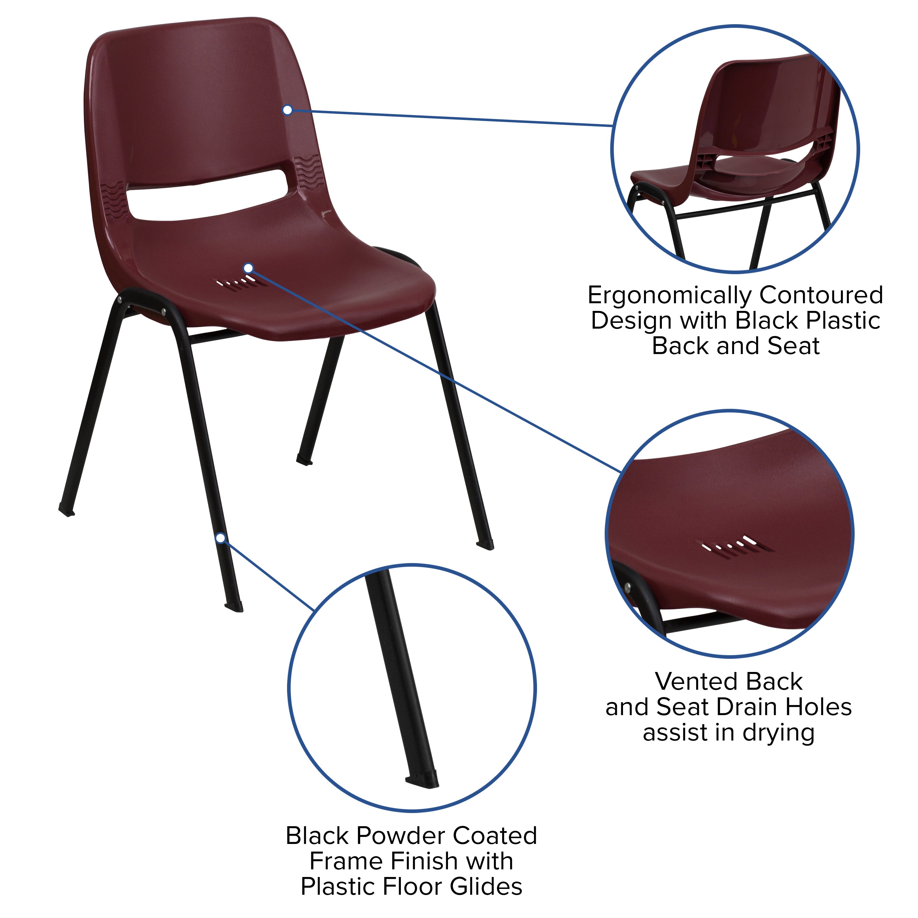 HERCULES Series 880 lb. Capacity Burgundy Ergonomic Shell Stack Chair with Black Frame