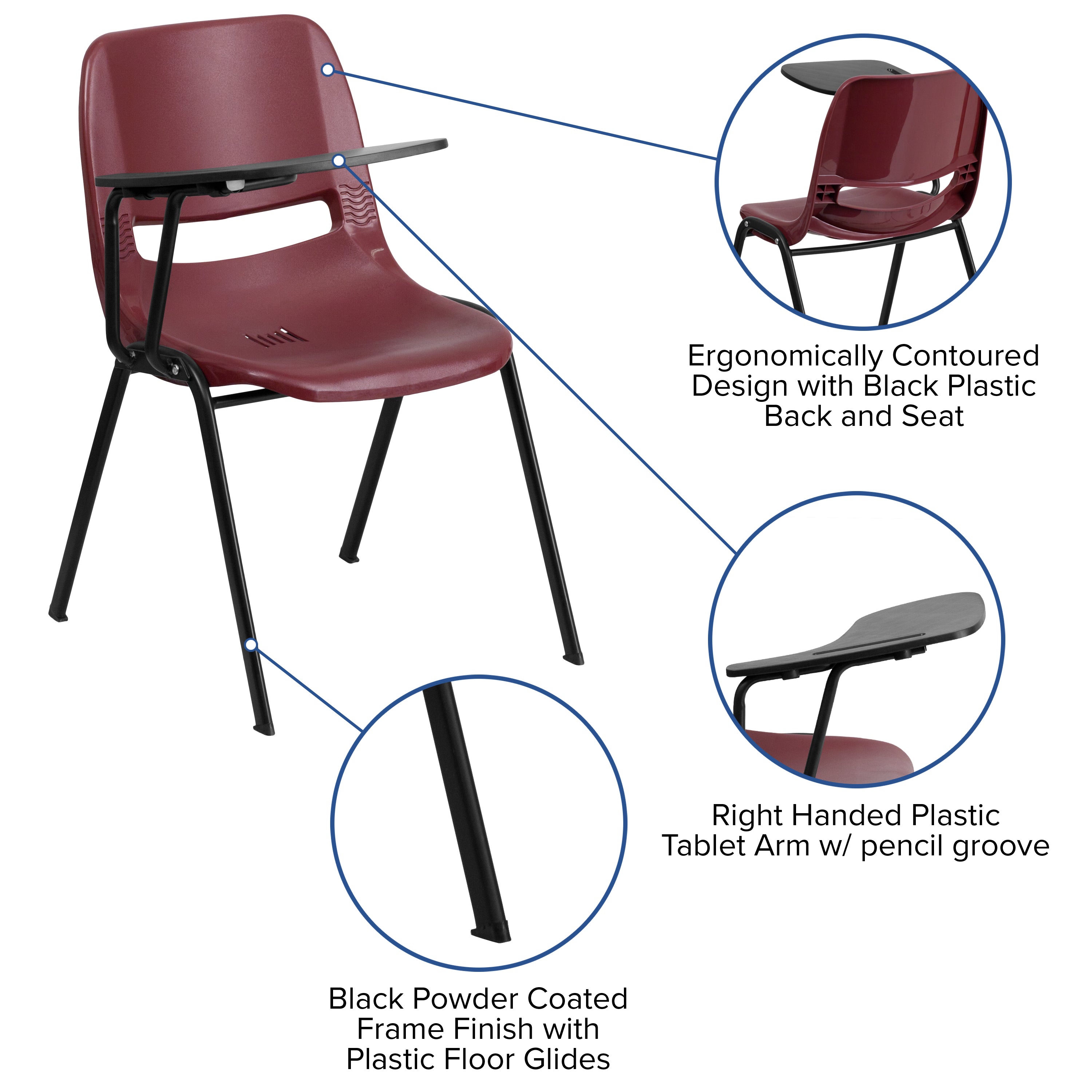 HERCULES Burgundy Ergonomic Shell Chair with Right Handed Flip-Up Tablet Arm
