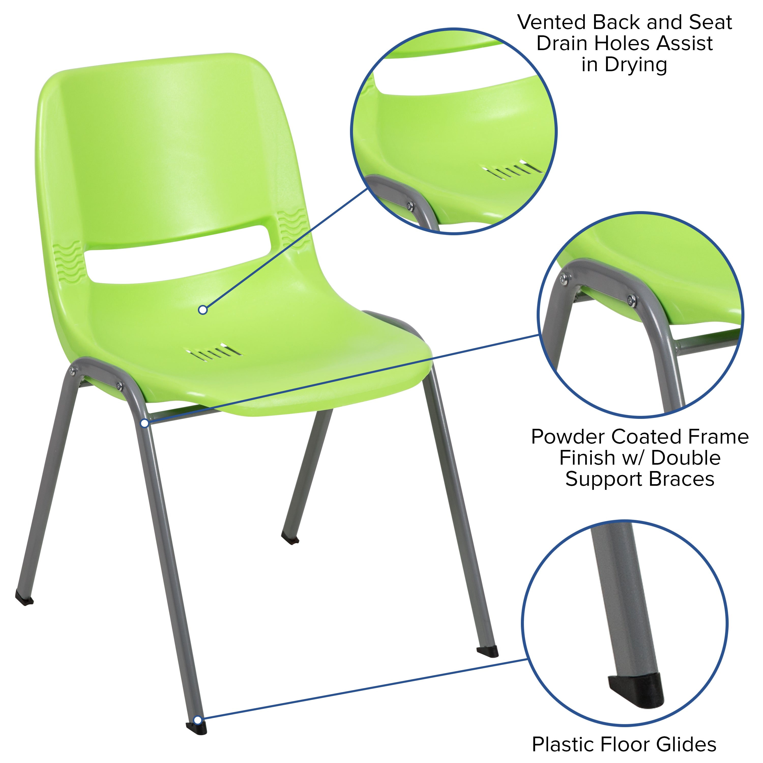 HERCULES Series 880 lb. Capacity Green Ergonomic Shell Stack Chair with Gray Frame