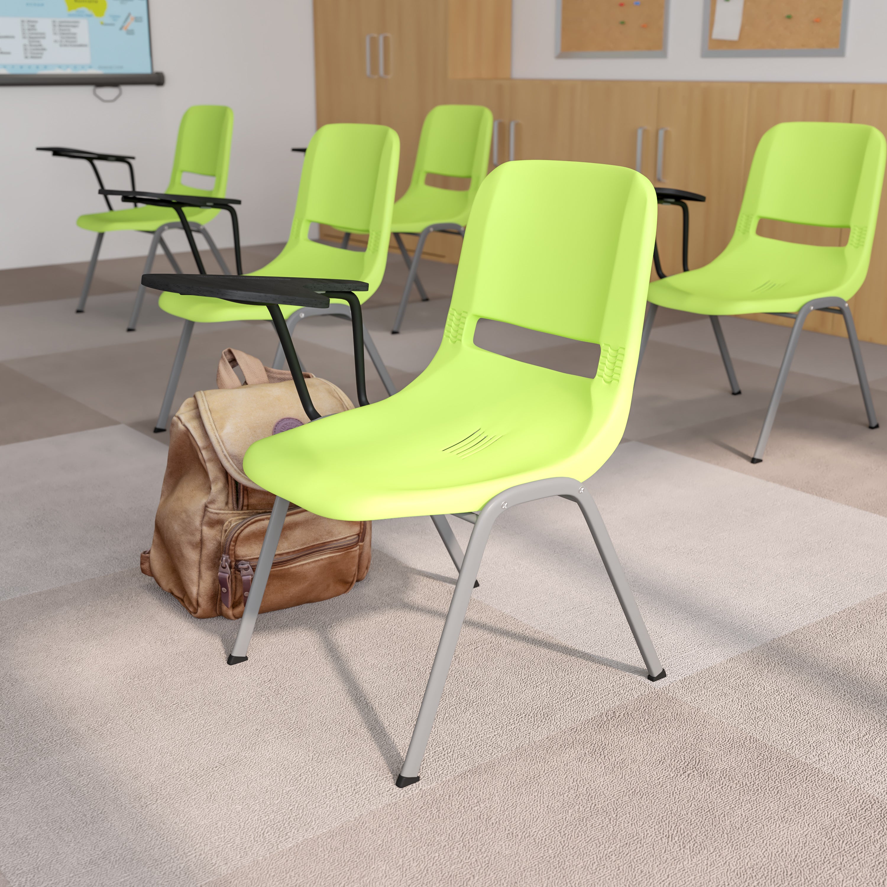 HERCULES Green Ergonomic Shell Chair with Right Handed Flip-Up Tablet Arm