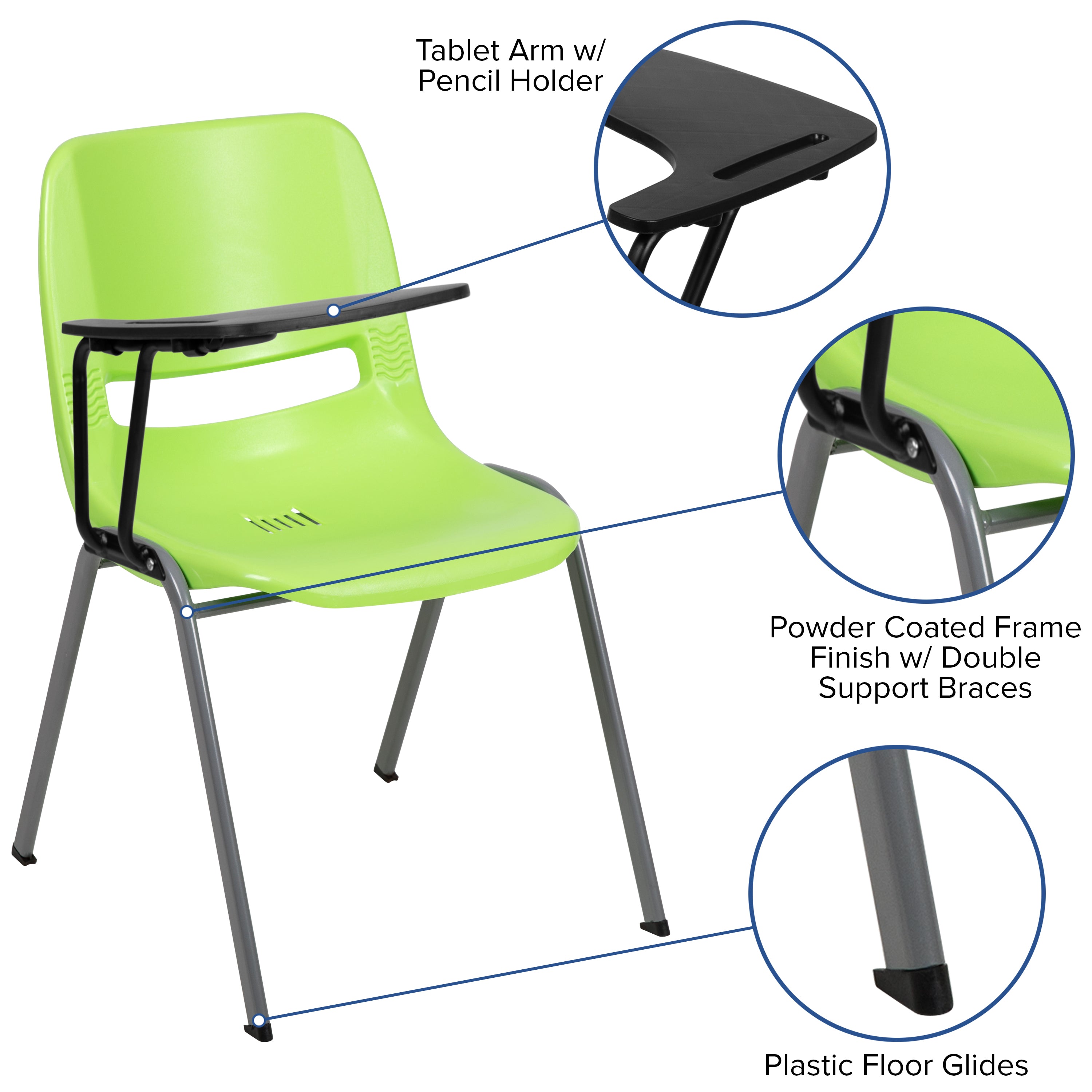 HERCULES Green Ergonomic Shell Chair with Right Handed Flip-Up Tablet Arm