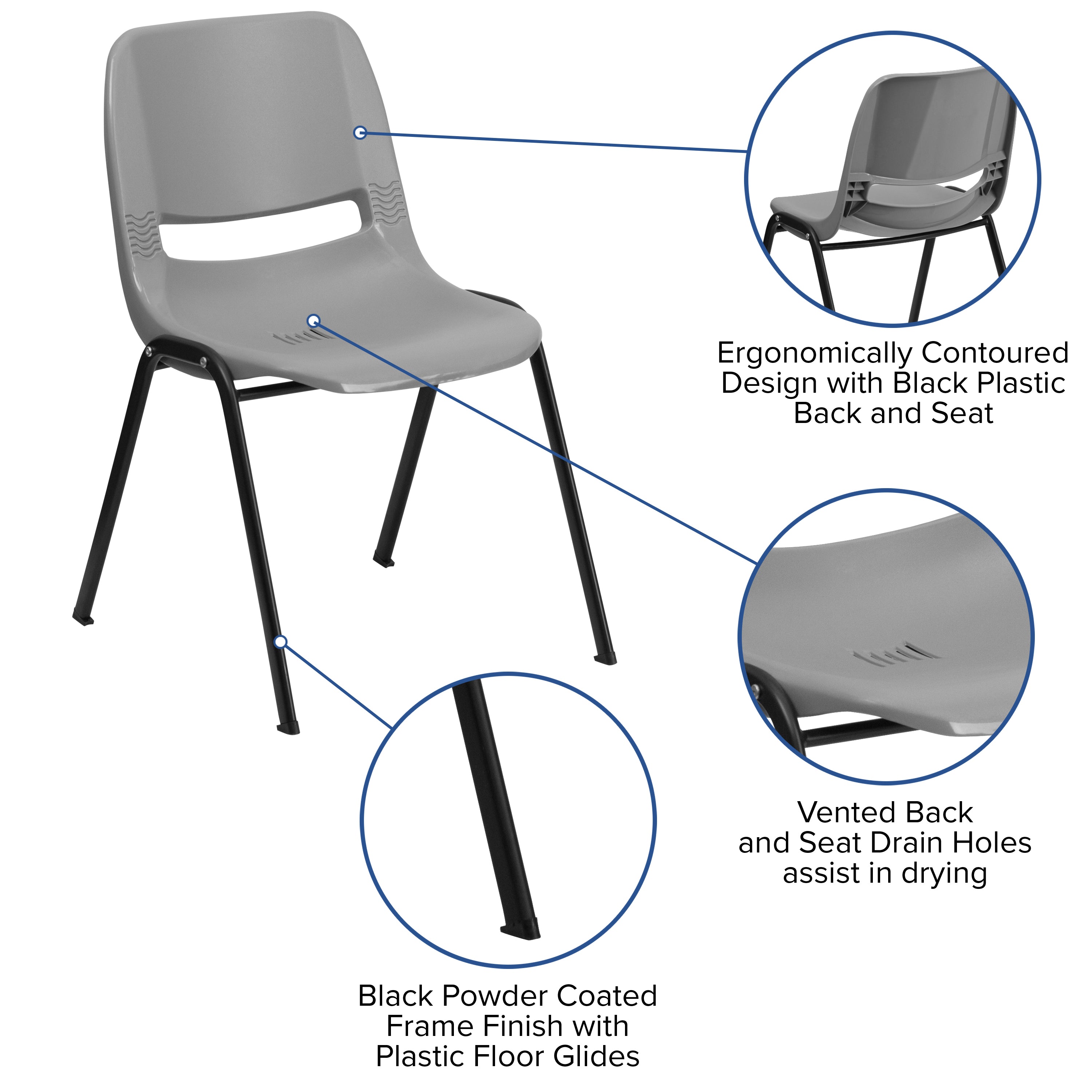 HERCULES Series 880 lb. Capacity Gray Ergonomic Shell Stack Chair with Black Frame