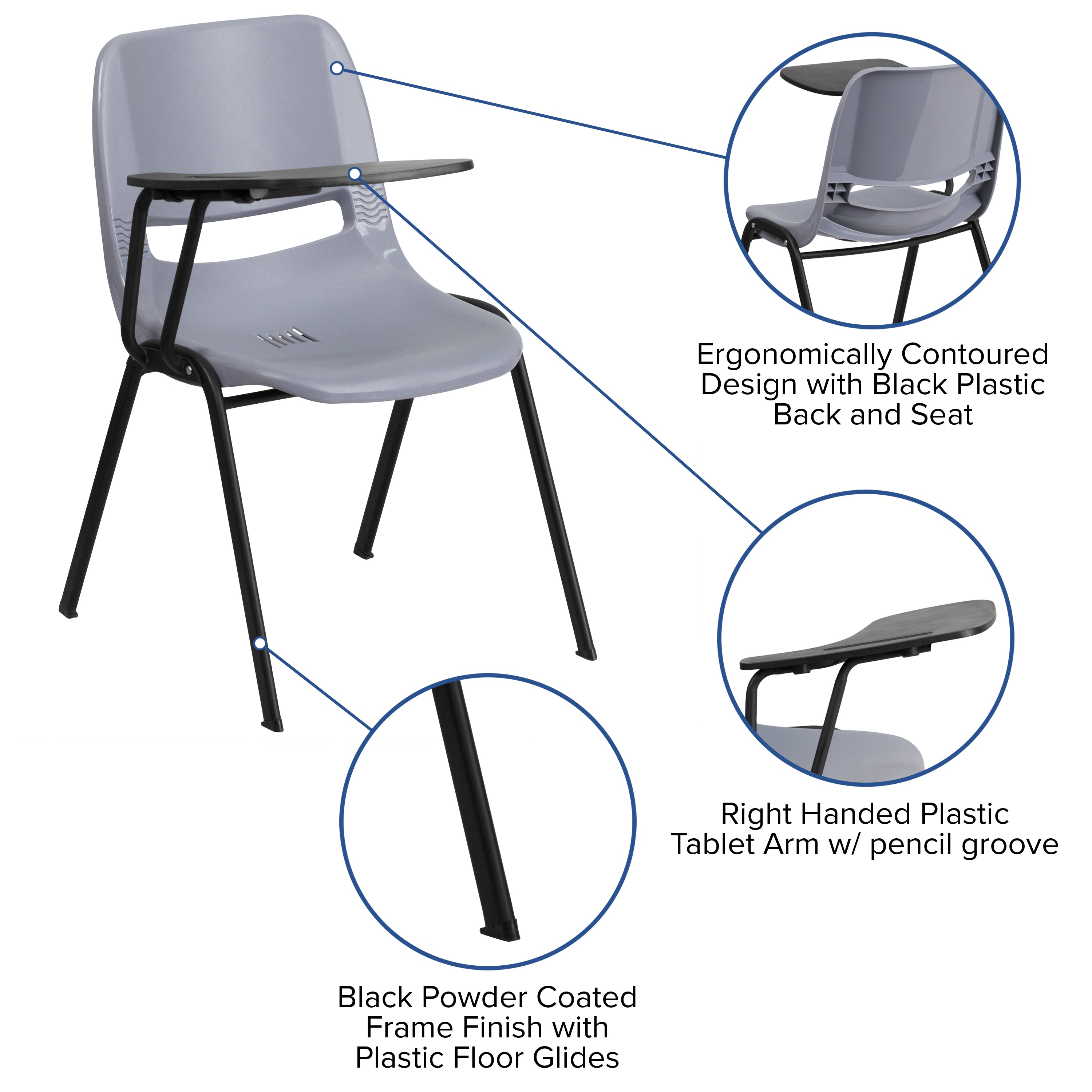 HERCULES Gray Ergonomic Shell Chair with Right Handed Flip-Up Tablet Arm