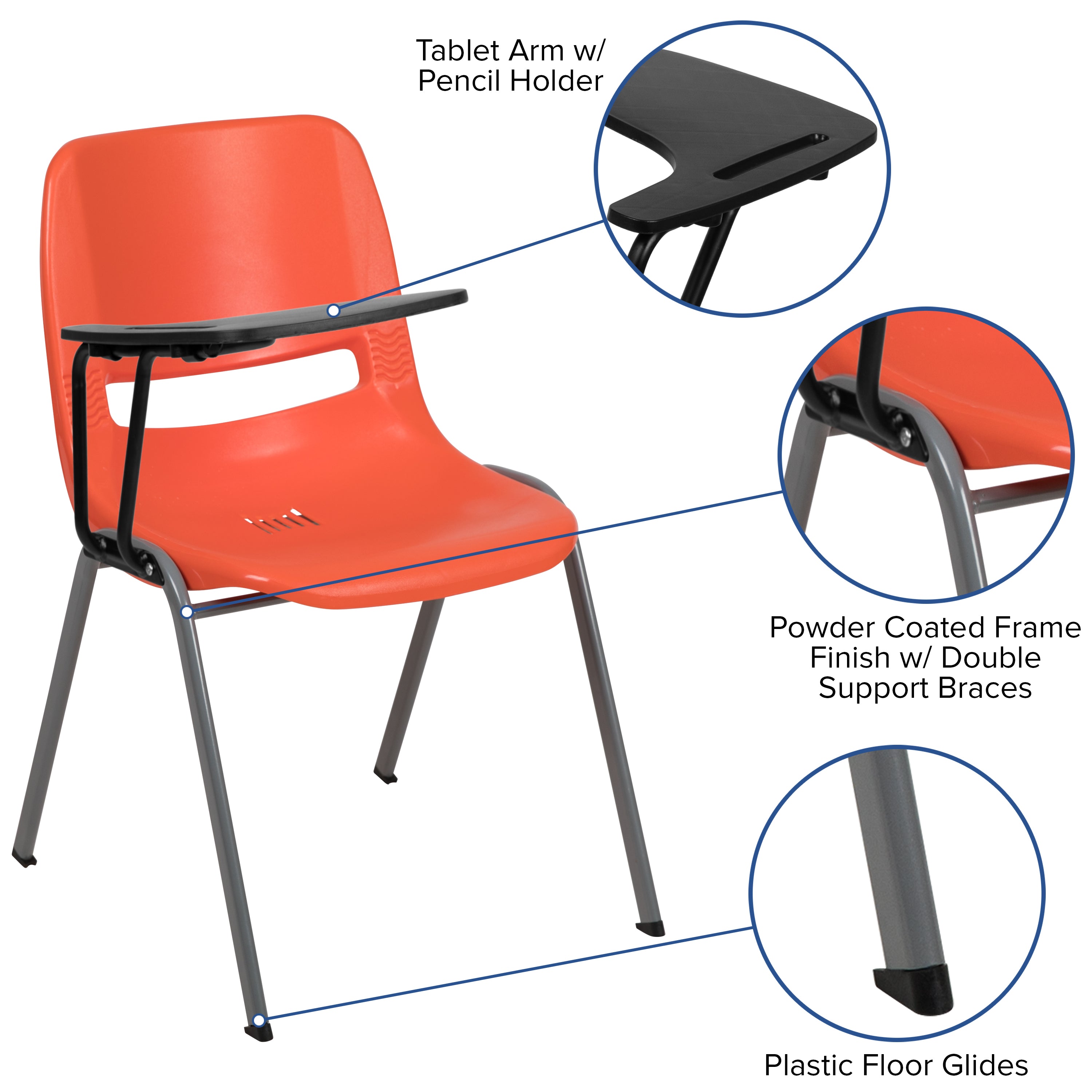 HERCULES Orange Ergonomic Shell Chair with Right Handed Flip-Up Tablet Arm