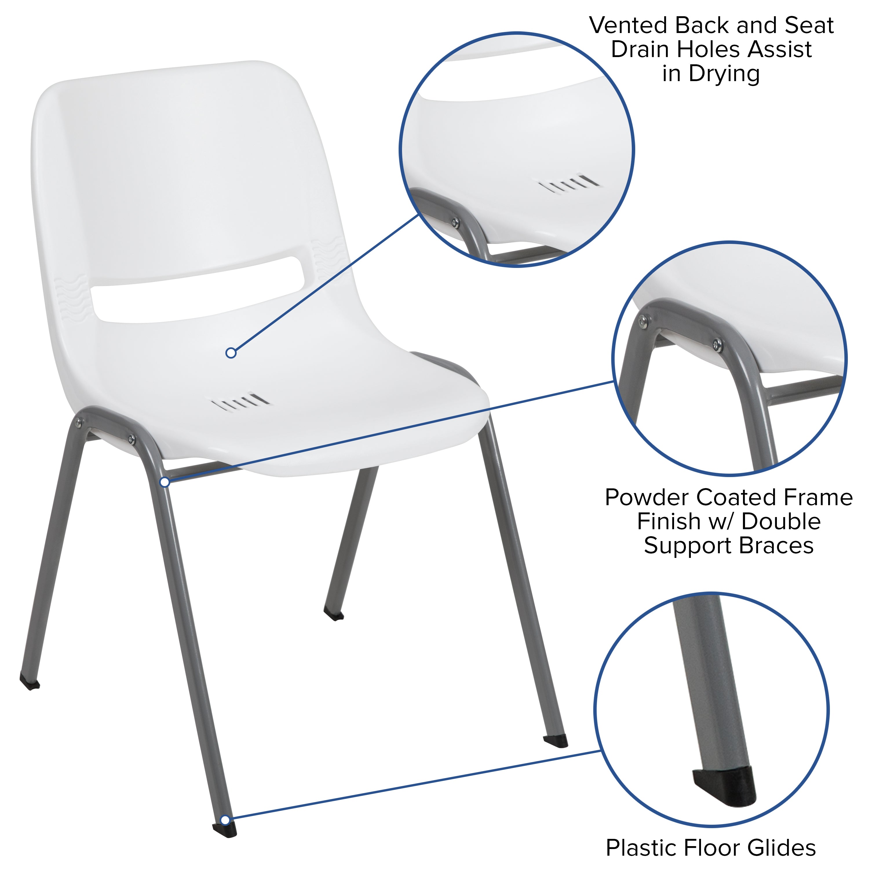 HERCULES Series 880 lb. Capacity White Ergonomic Shell Stack Chair with Gray Frame