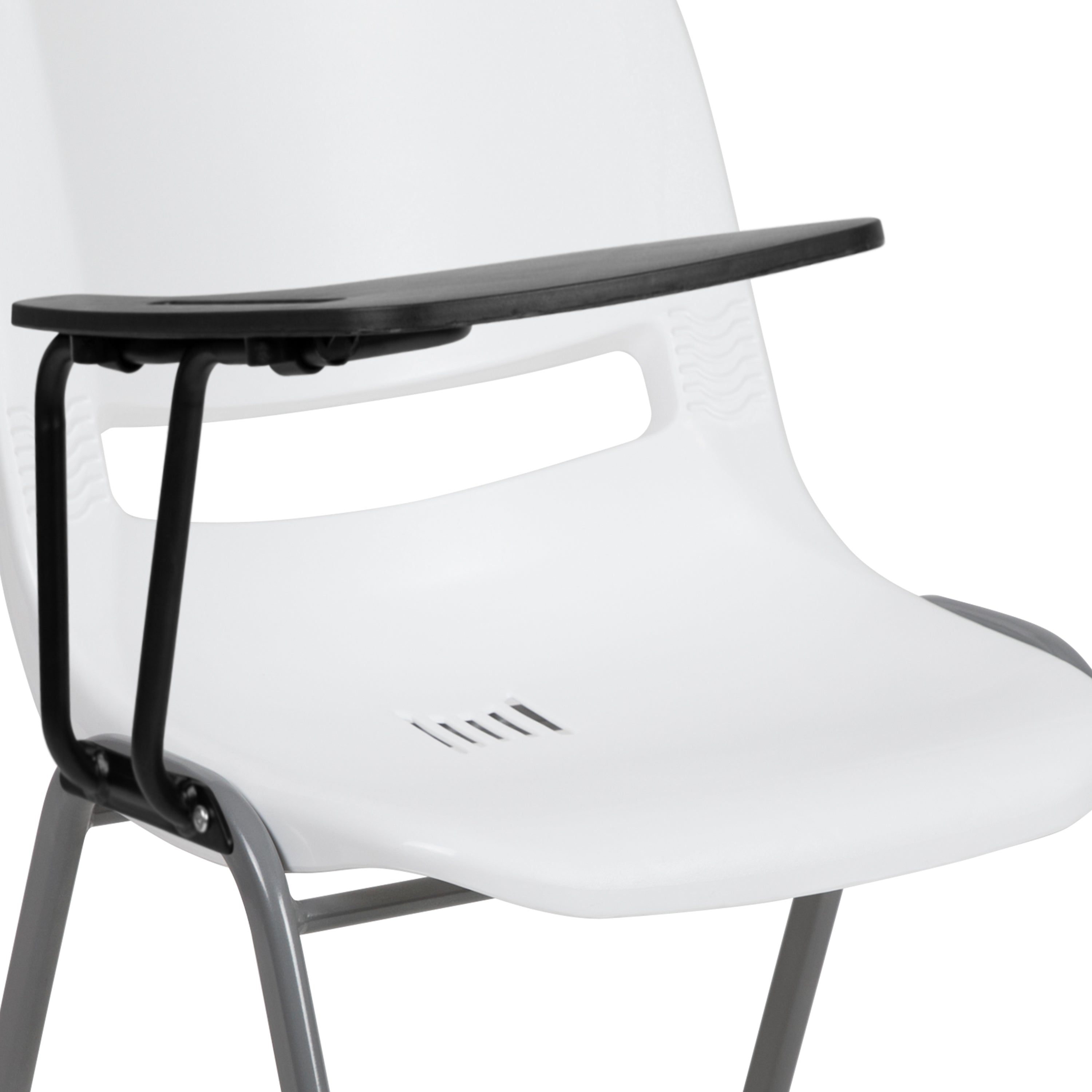HERCULES White Ergonomic Shell Chair with Right Handed Flip-Up Tablet Arm