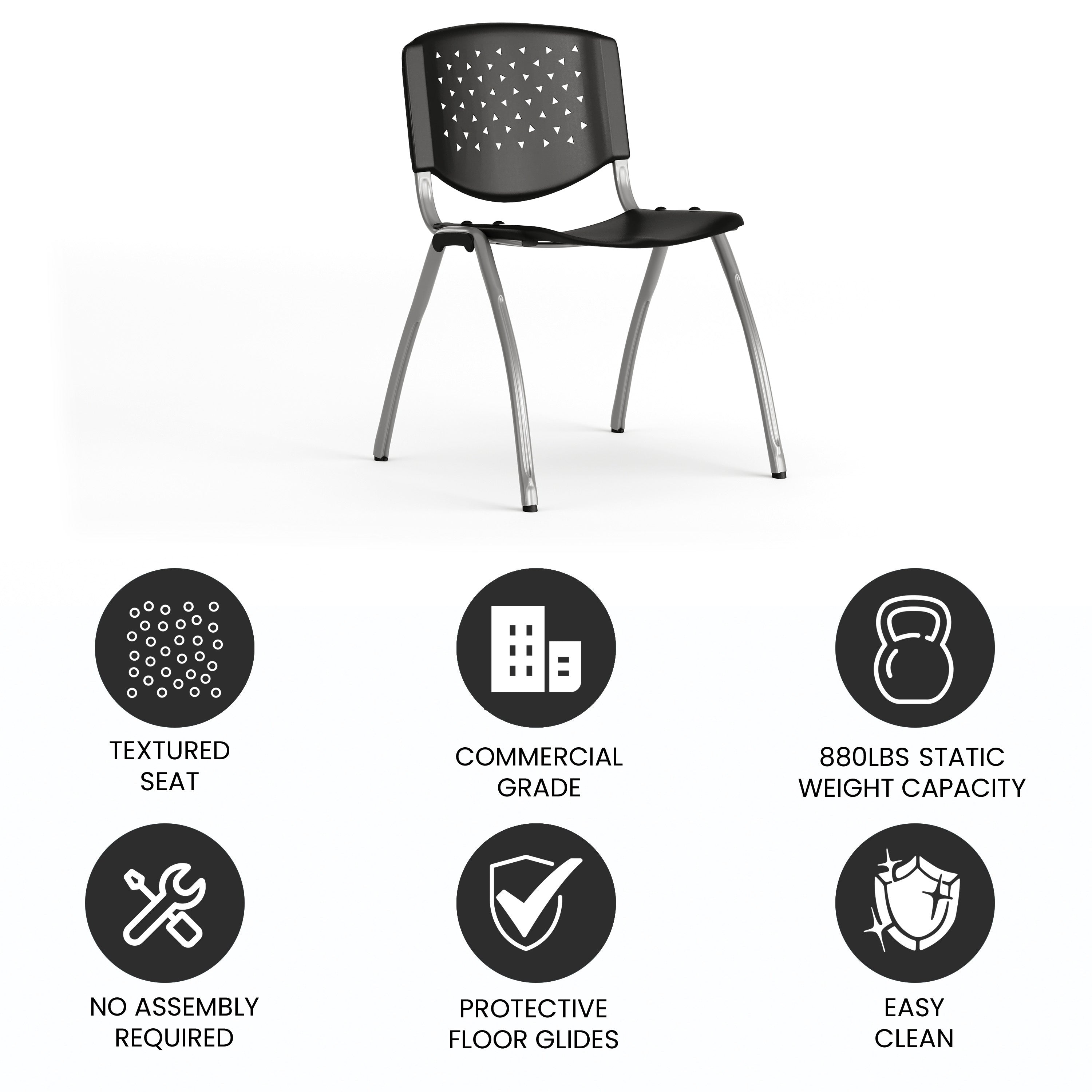 HERCULES Series 880 lb. Capacity Black Plastic Stack Chair with Titanium Gray Powder Coated Frame